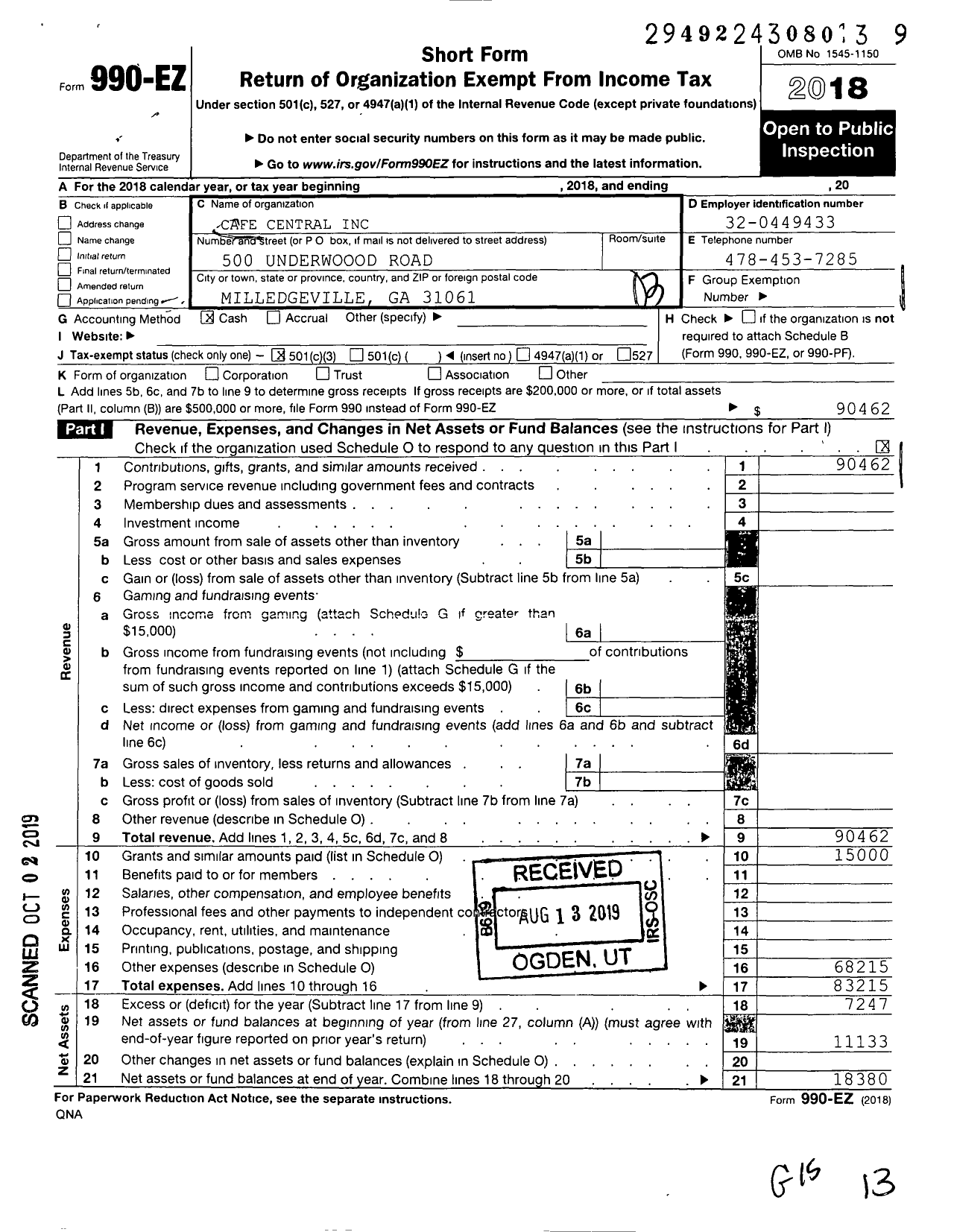 Image of first page of 2018 Form 990EZ for Cafe Central