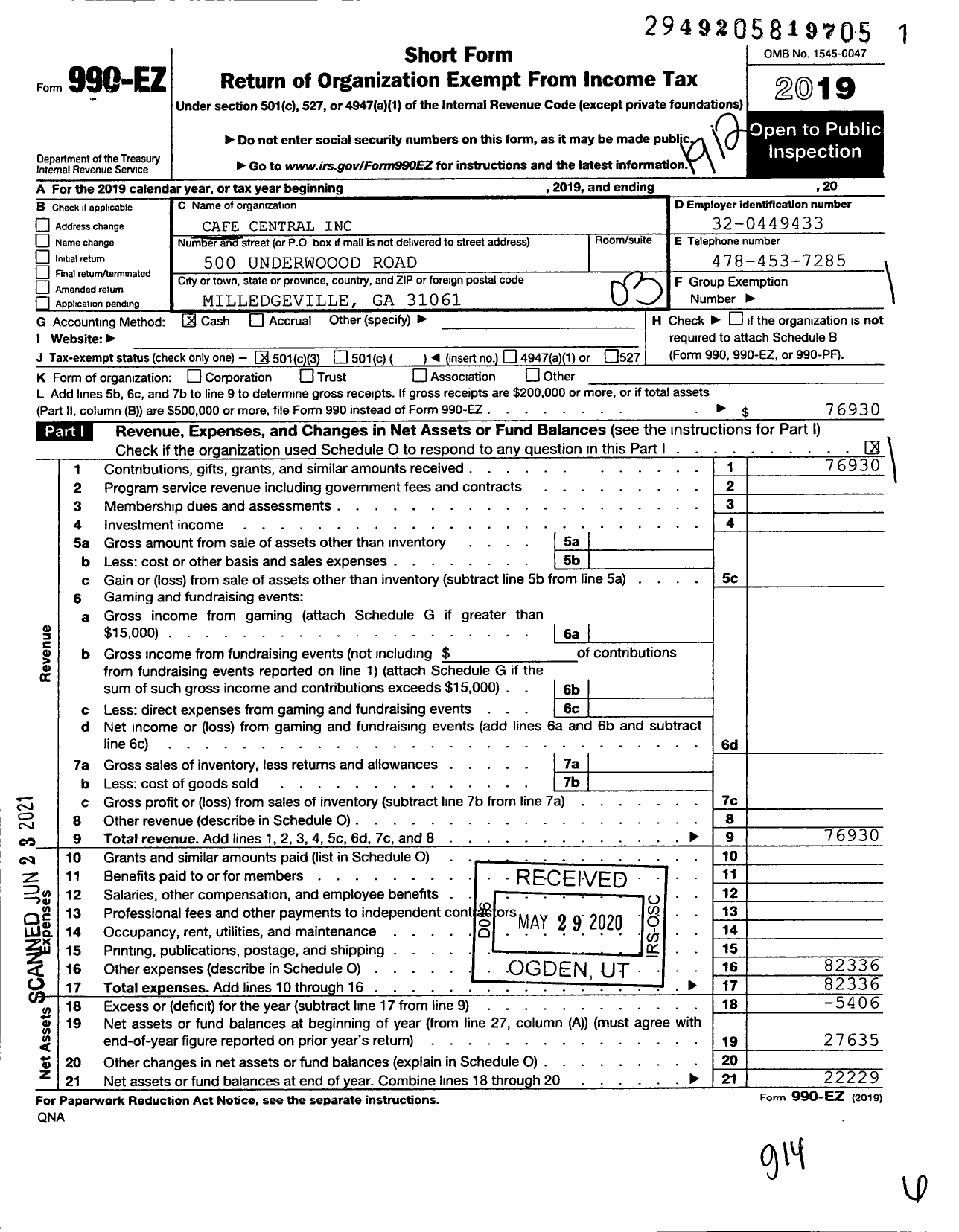 Image of first page of 2019 Form 990EZ for Cafe Central