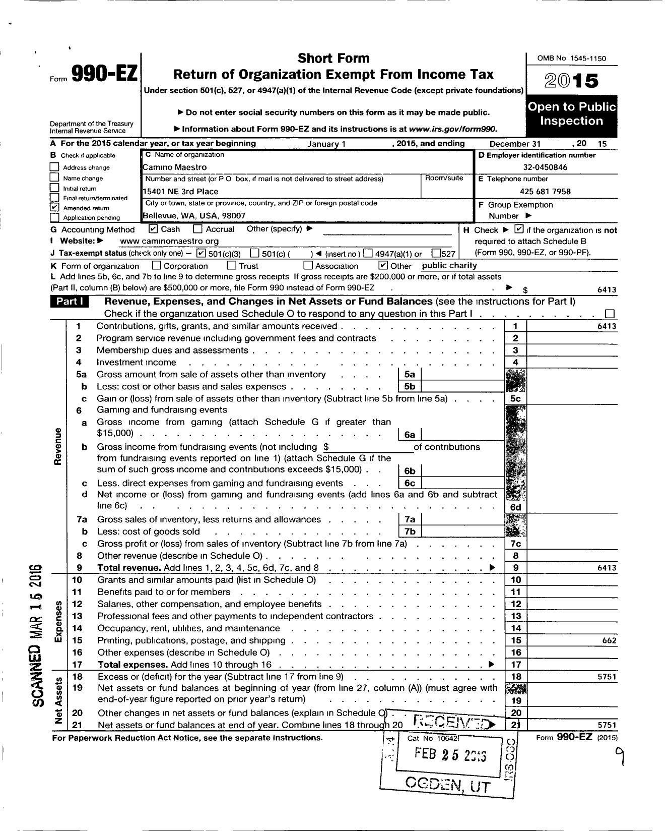 Image of first page of 2015 Form 990EZ for Camino Maestro