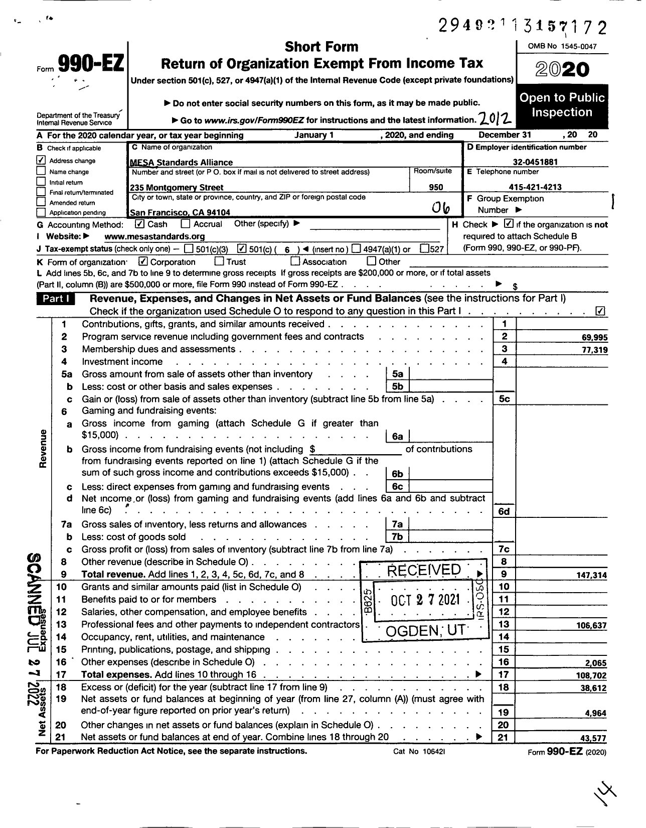 Image of first page of 2020 Form 990EO for Mesa Standards Alliance