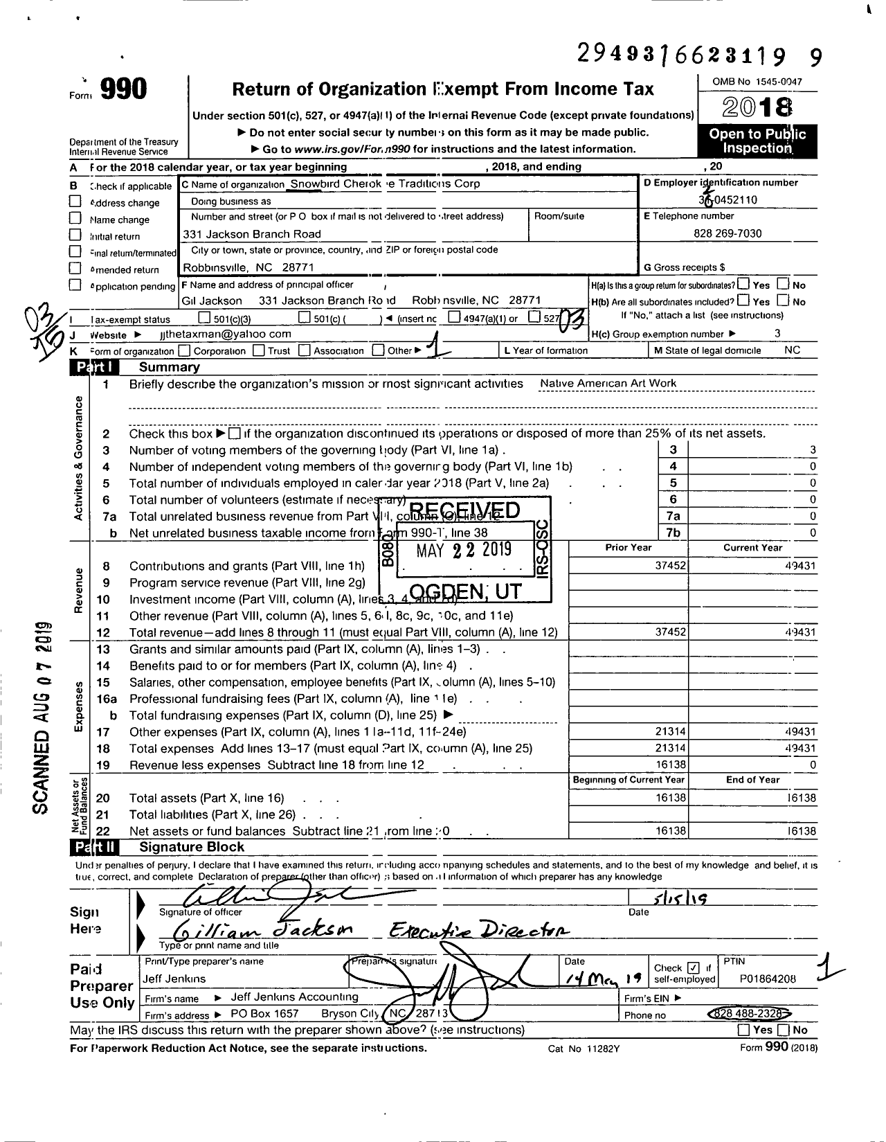 Image of first page of 2018 Form 990 for Snowbird Cherokees Traditions Corporation