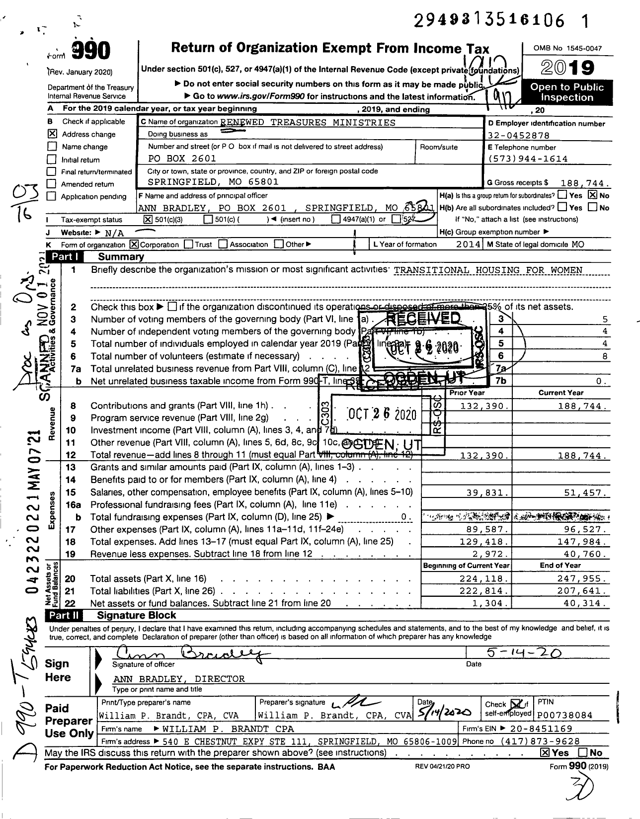 Image of first page of 2019 Form 990 for Renewed Treasures Ministries