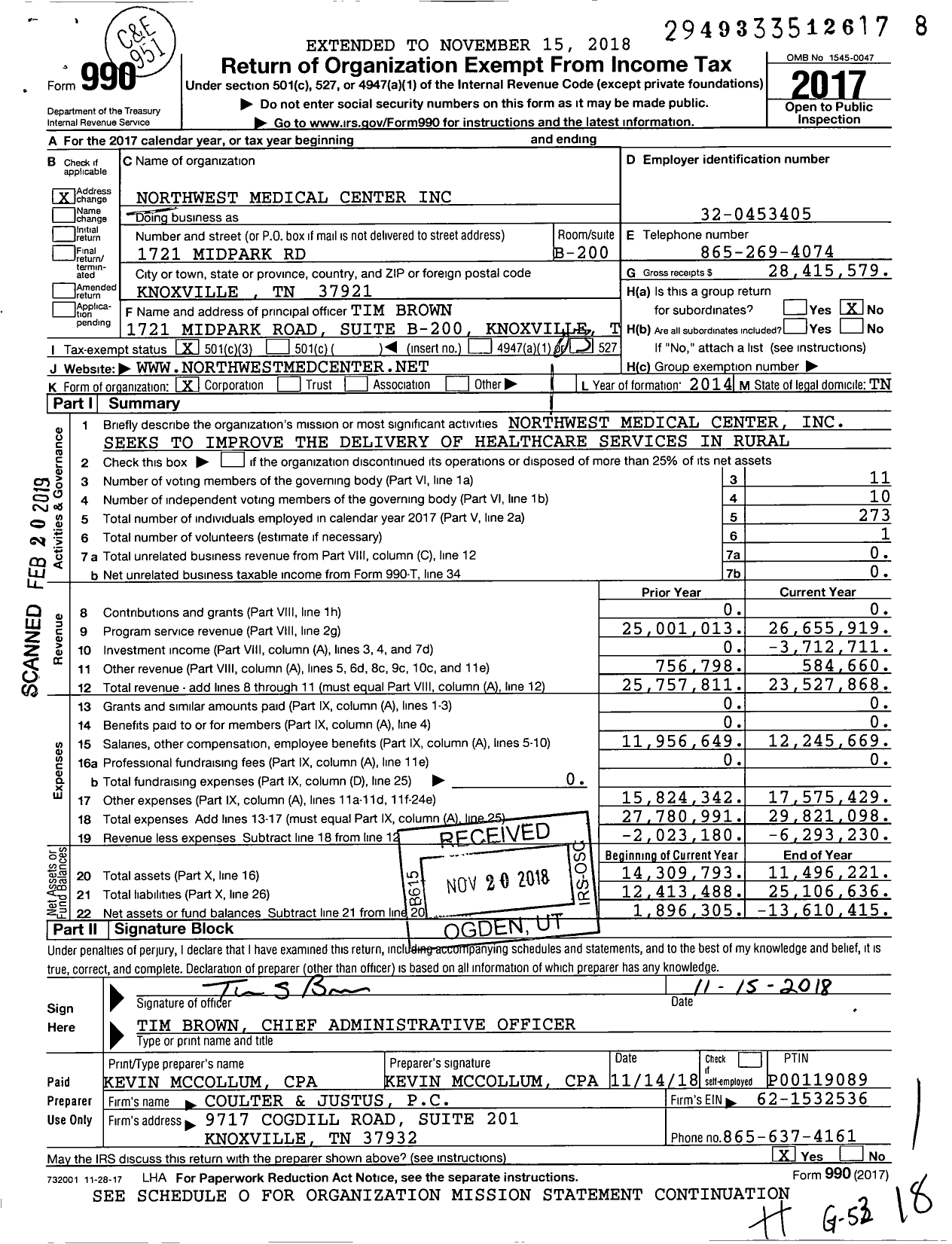 Image of first page of 2017 Form 990 for Northwest Medical Center
