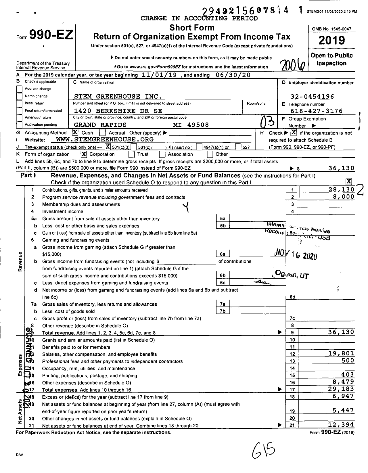 Image of first page of 2019 Form 990EZ for Stem Greenhouse