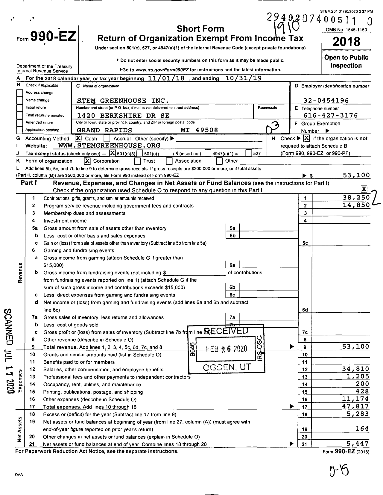 Image of first page of 2018 Form 990EZ for Stem Greenhouse