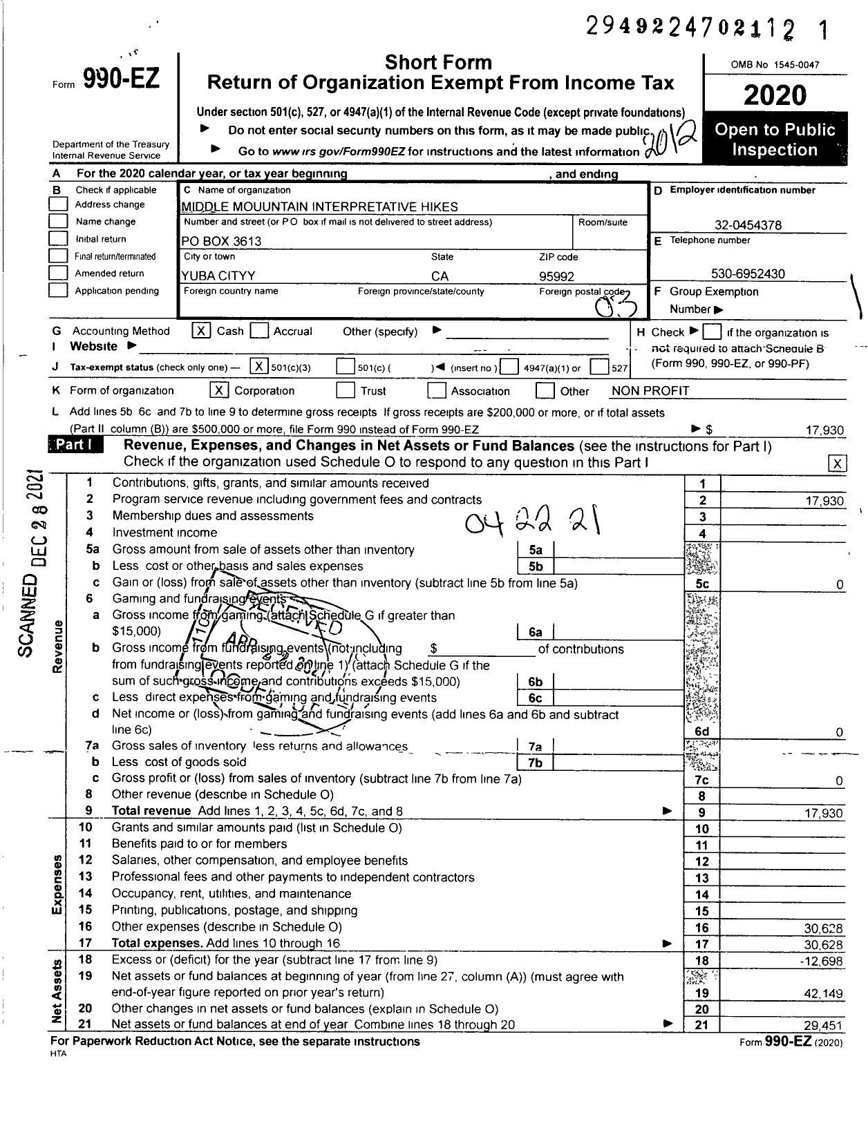 Image of first page of 2020 Form 990EZ for Middle Mountain Interpretative Hikes