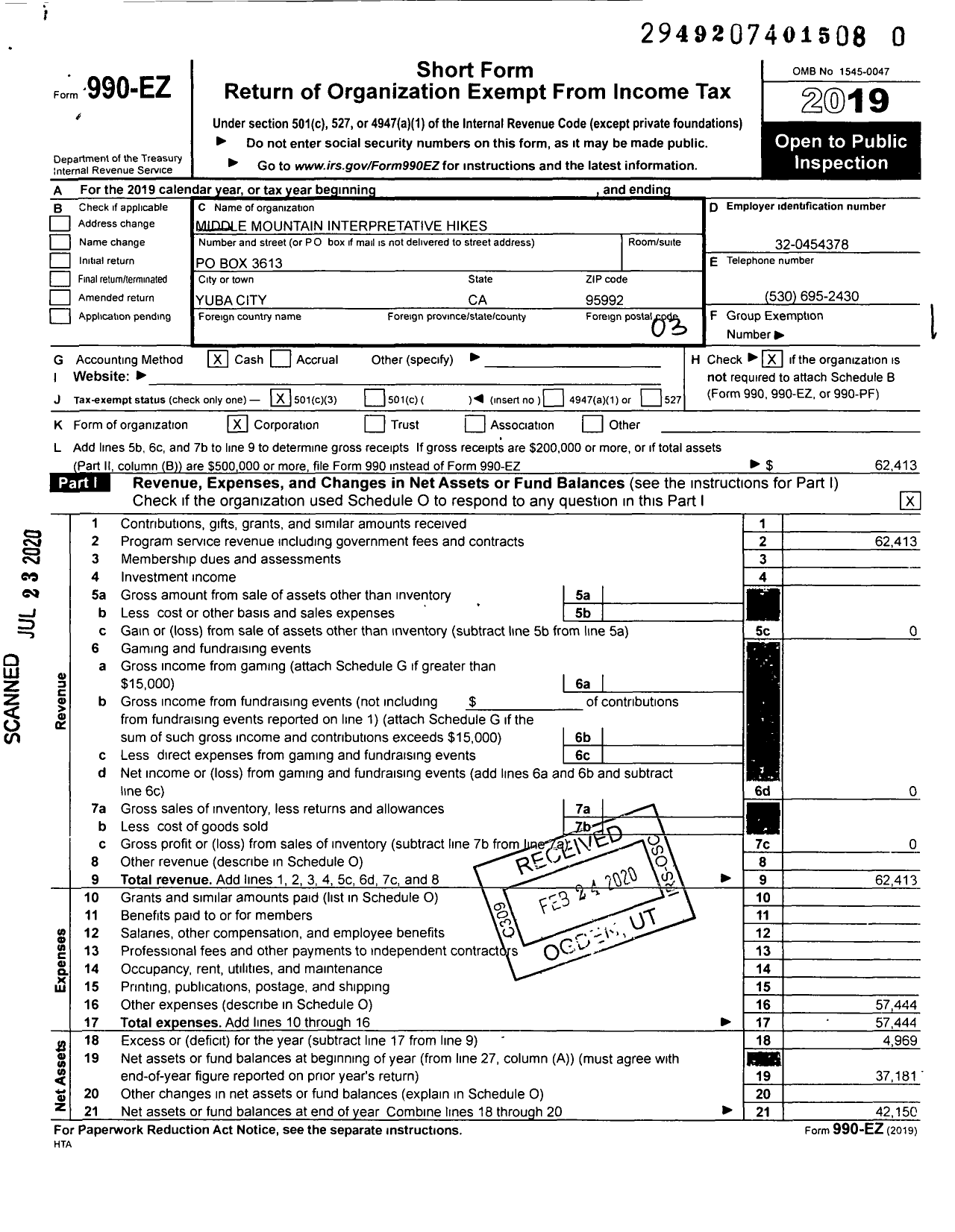 Image of first page of 2019 Form 990EZ for Middle Mountain Interpretative Hikes