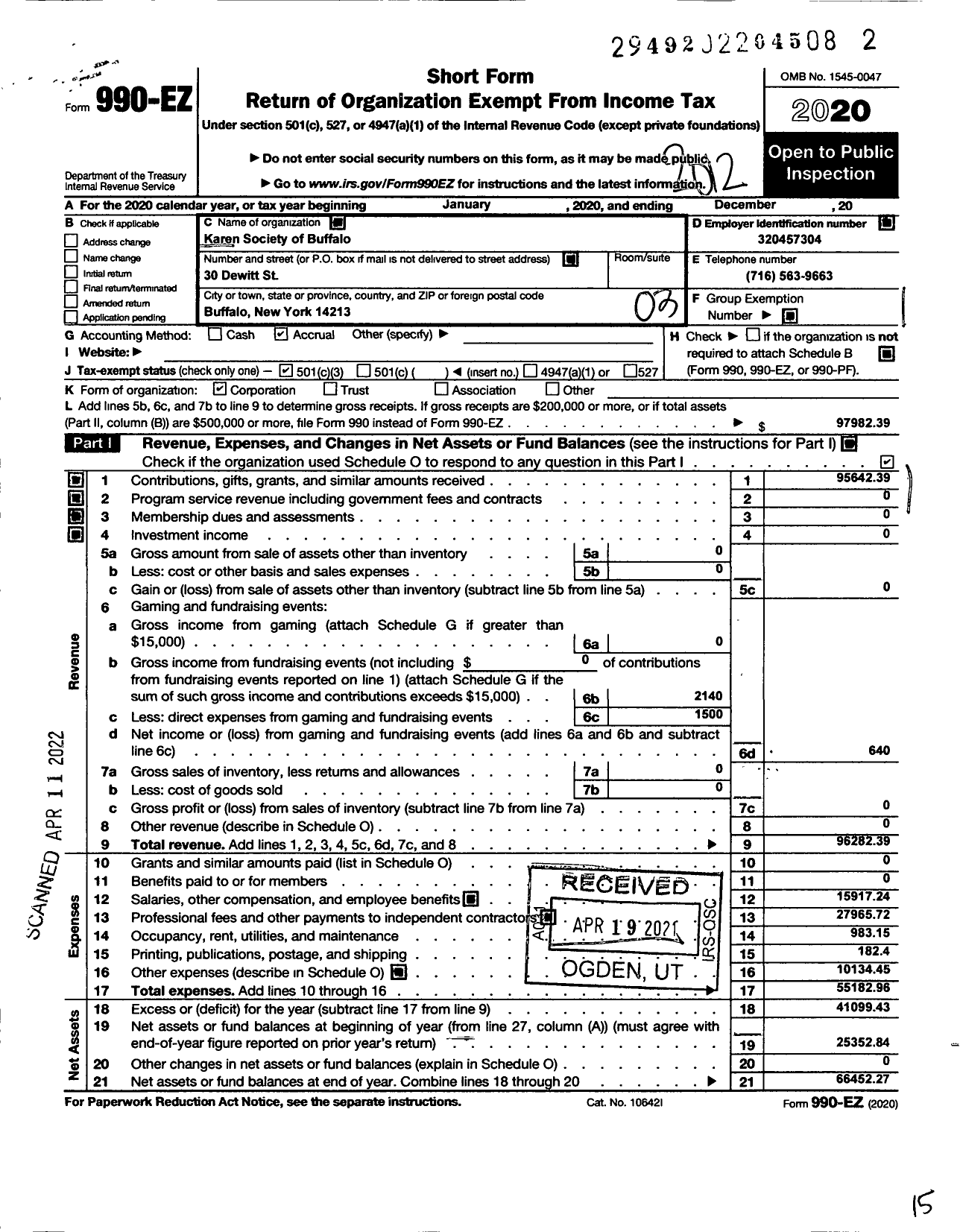 Image of first page of 2020 Form 990EZ for Karen Society of Buffalo