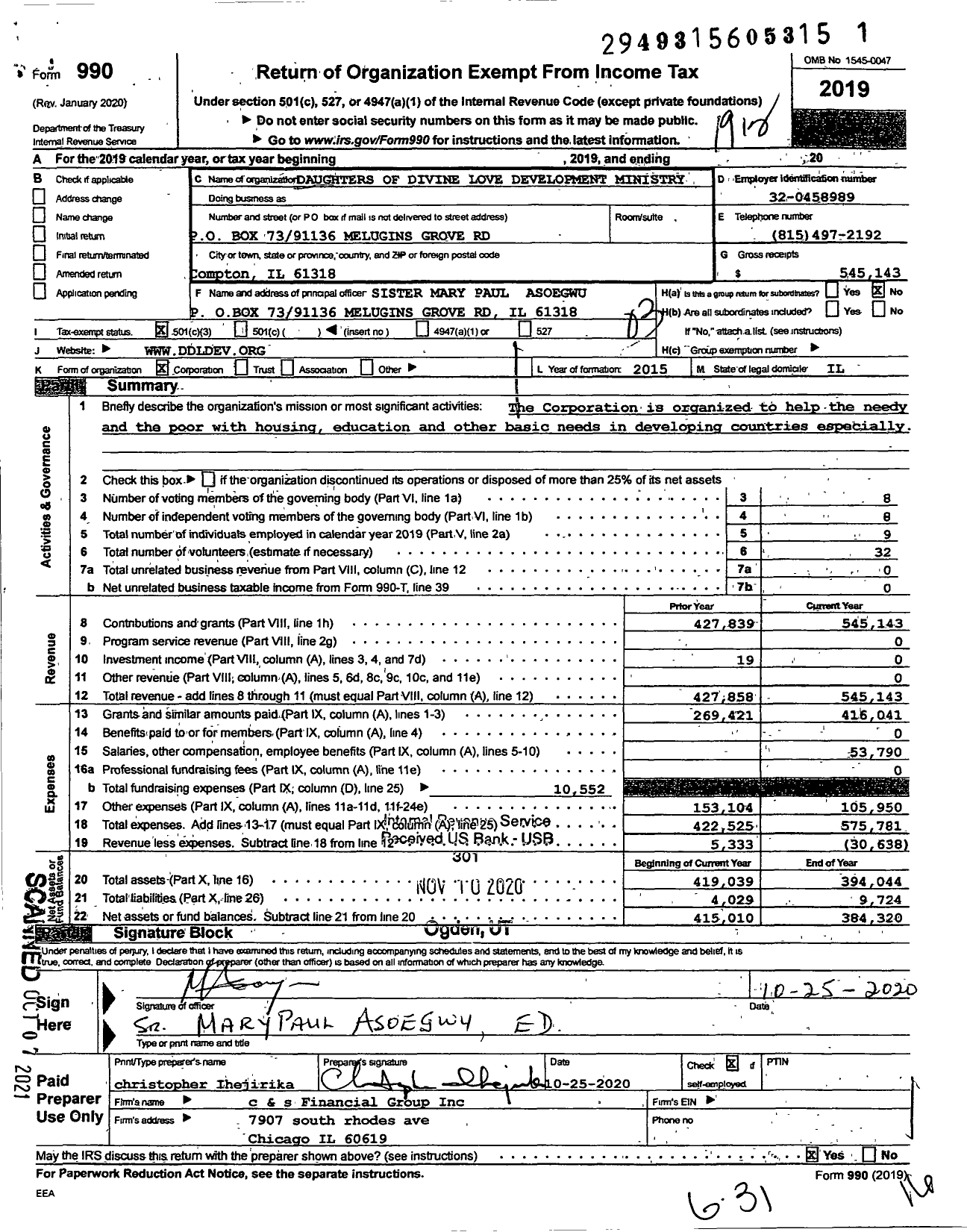 Image of first page of 2019 Form 990 for Daughters of Divine Love Development Ministry