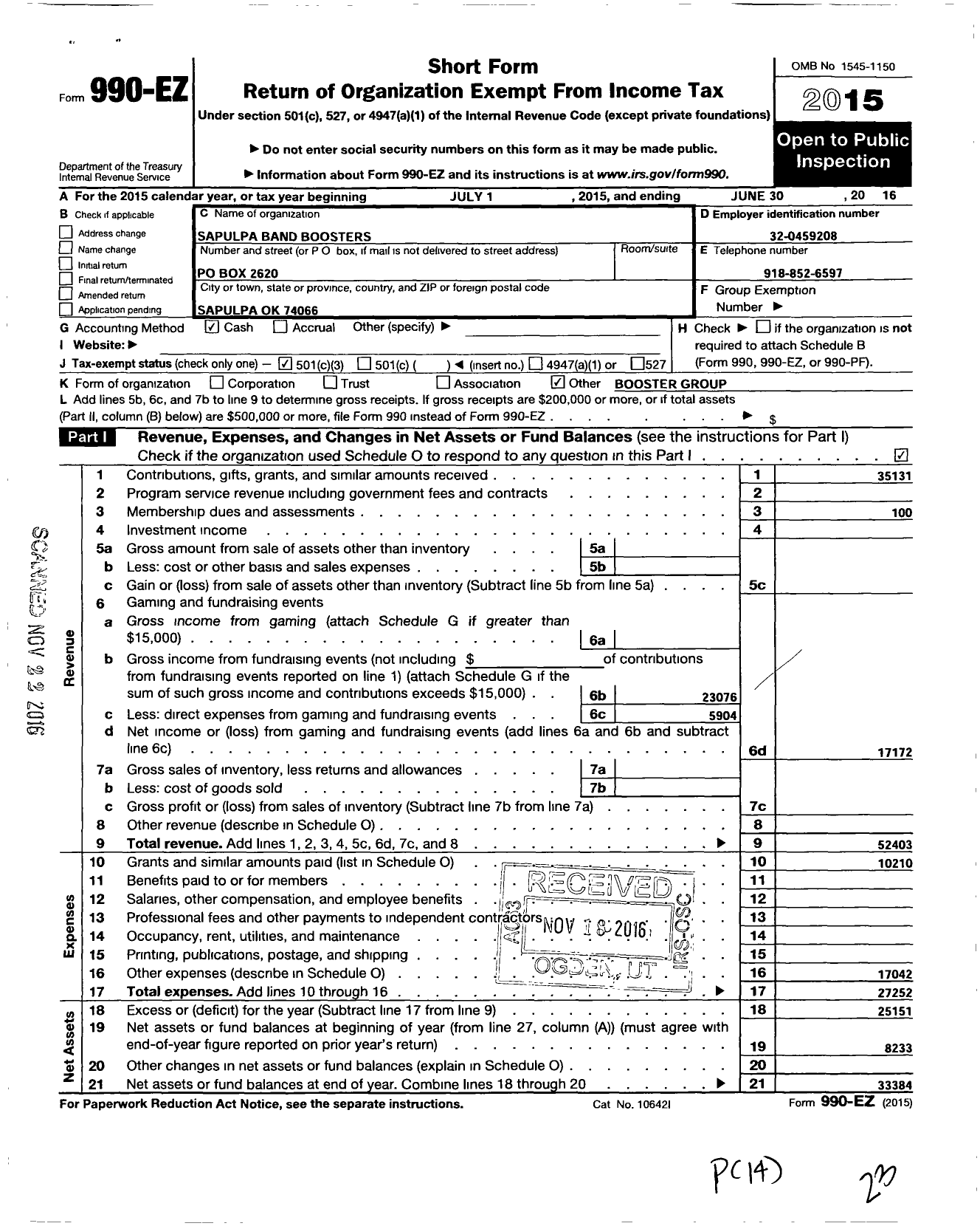 Image of first page of 2015 Form 990EZ for Sapulpa Band Boosters