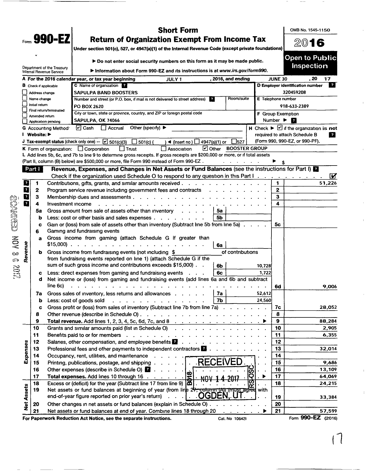 Image of first page of 2016 Form 990EZ for Sapulpa Band Boosters