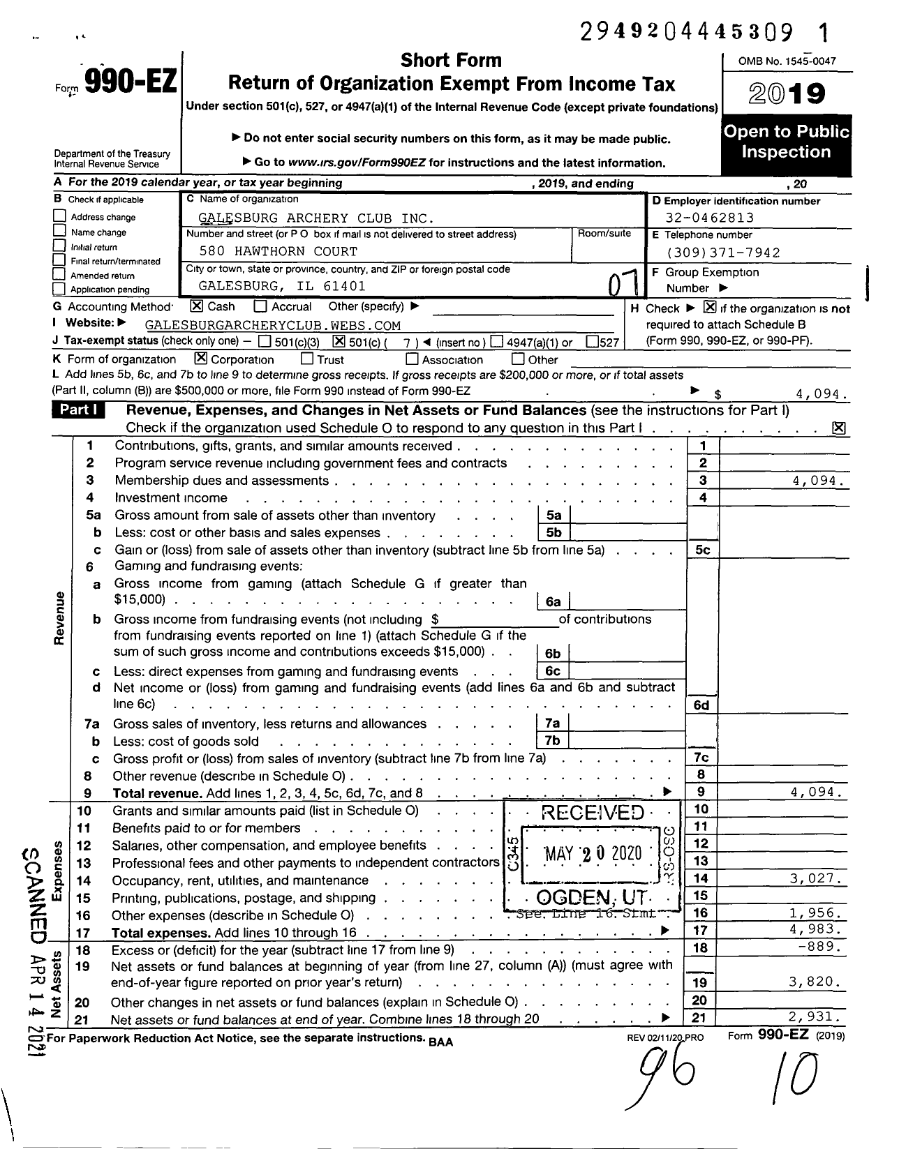 Image of first page of 2019 Form 990EO for Galesburg Archery Club