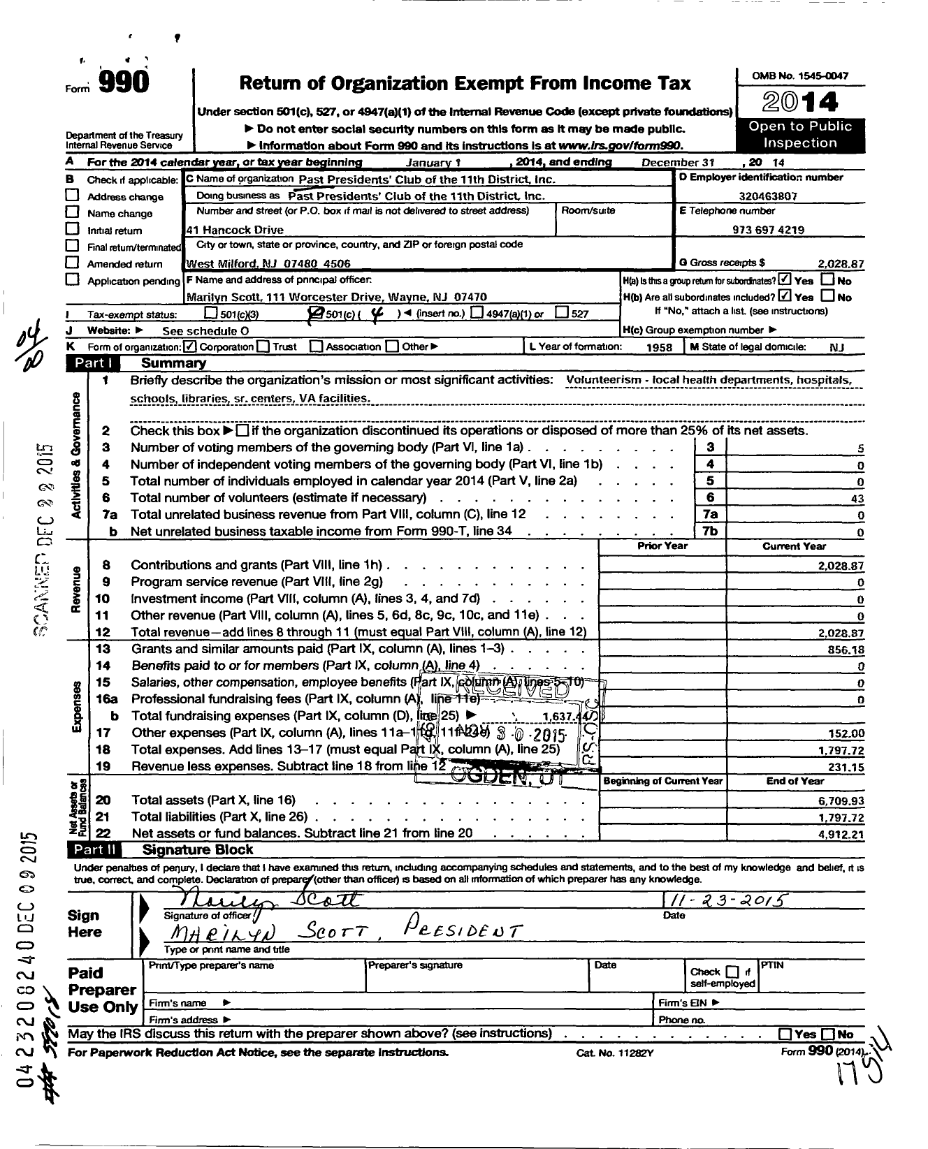 Image of first page of 2014 Form 990O for New Jersey State Federation of Women's Clubs - Past Presidents Club of the 11th Di