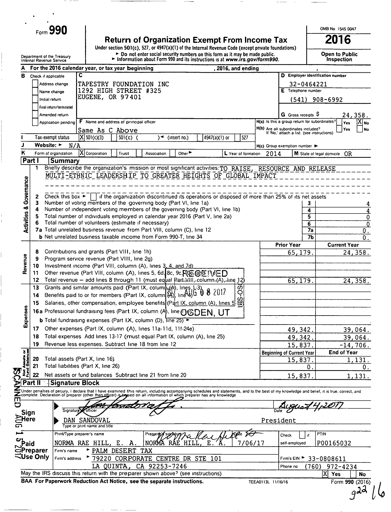 Image of first page of 2016 Form 990 for Tapestry Foundation