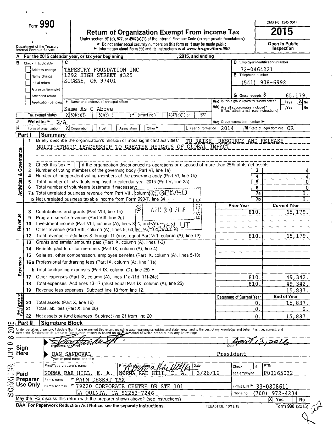 Image of first page of 2015 Form 990 for Tapestry Foundation