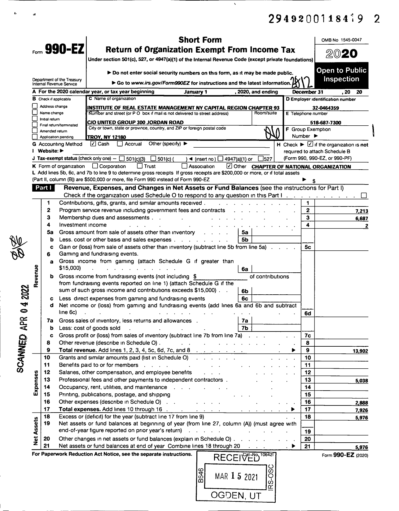 Image of first page of 2020 Form 990EO for Institute of Real Estate Management - 93 New York Capital Region