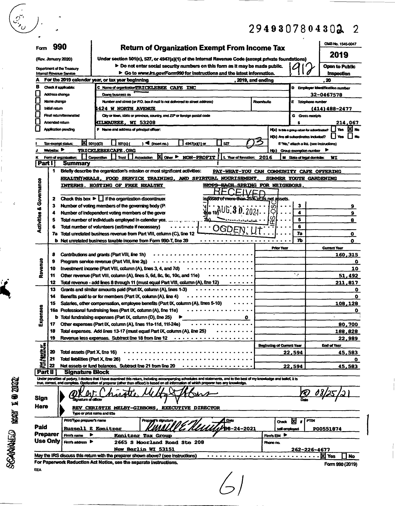 Image of first page of 2019 Form 990 for Tricklebee Cafe