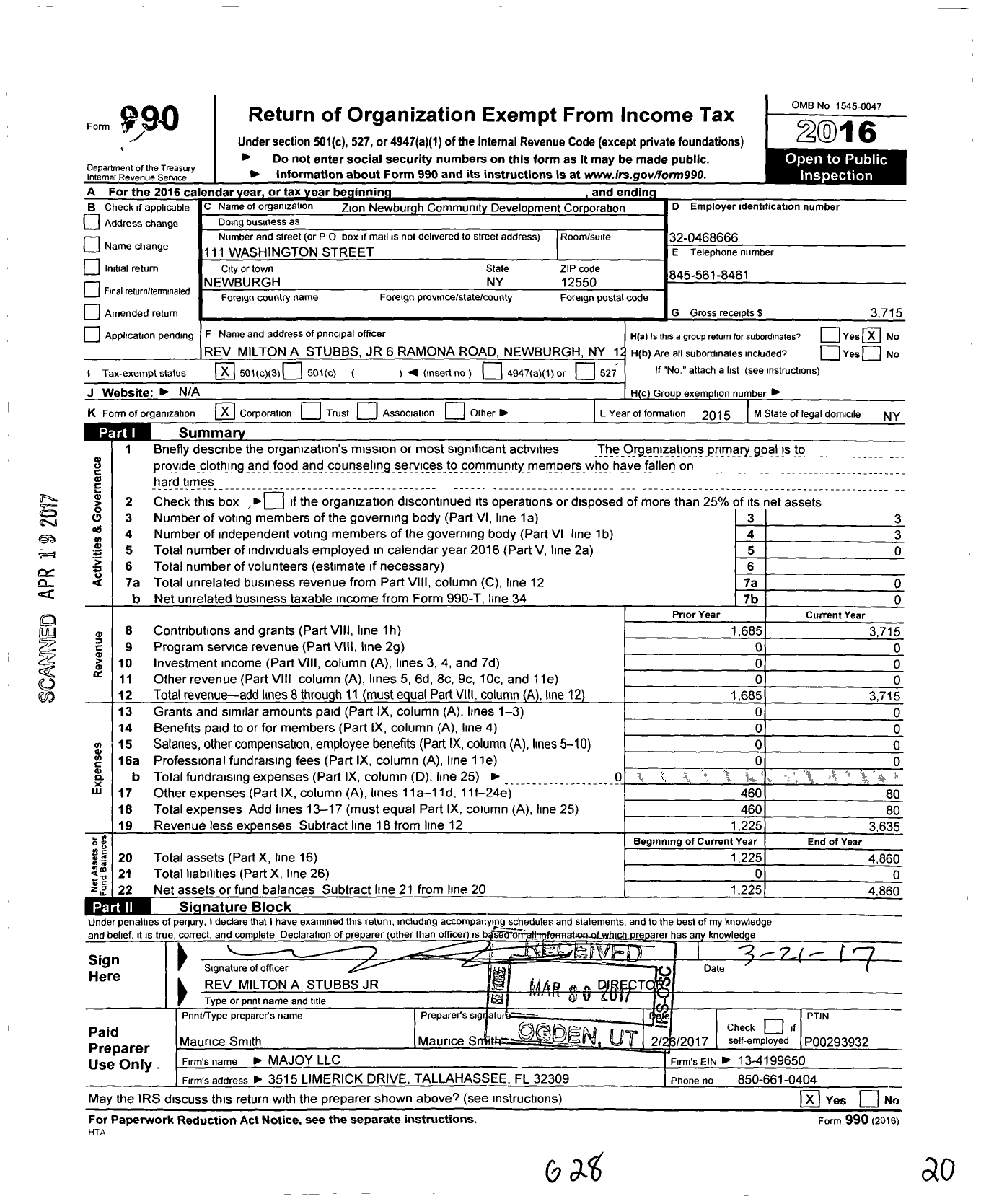Image of first page of 2016 Form 990 for Zion Newburgh Community Development Corporation