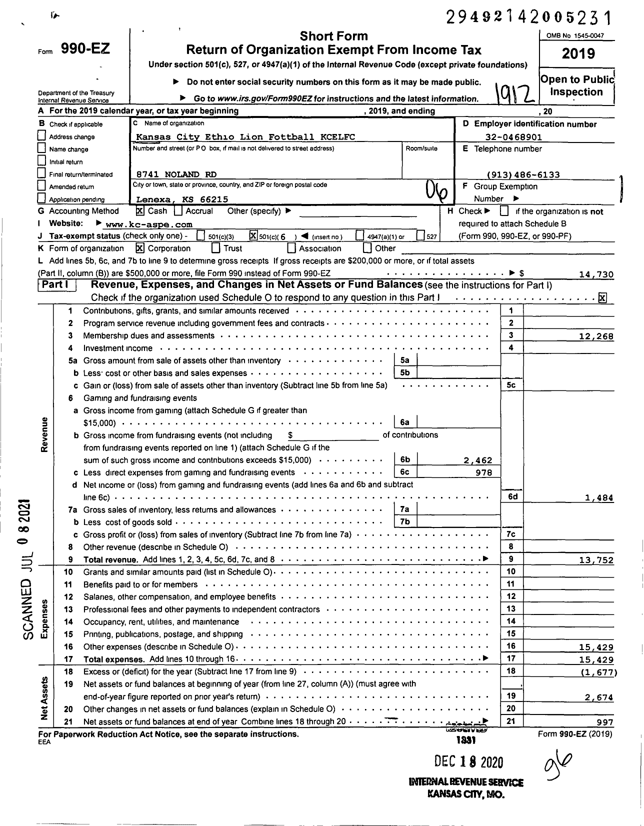 Image of first page of 2019 Form 990EO for Kansas City Ethio-Lion Football Club (KCELFC)