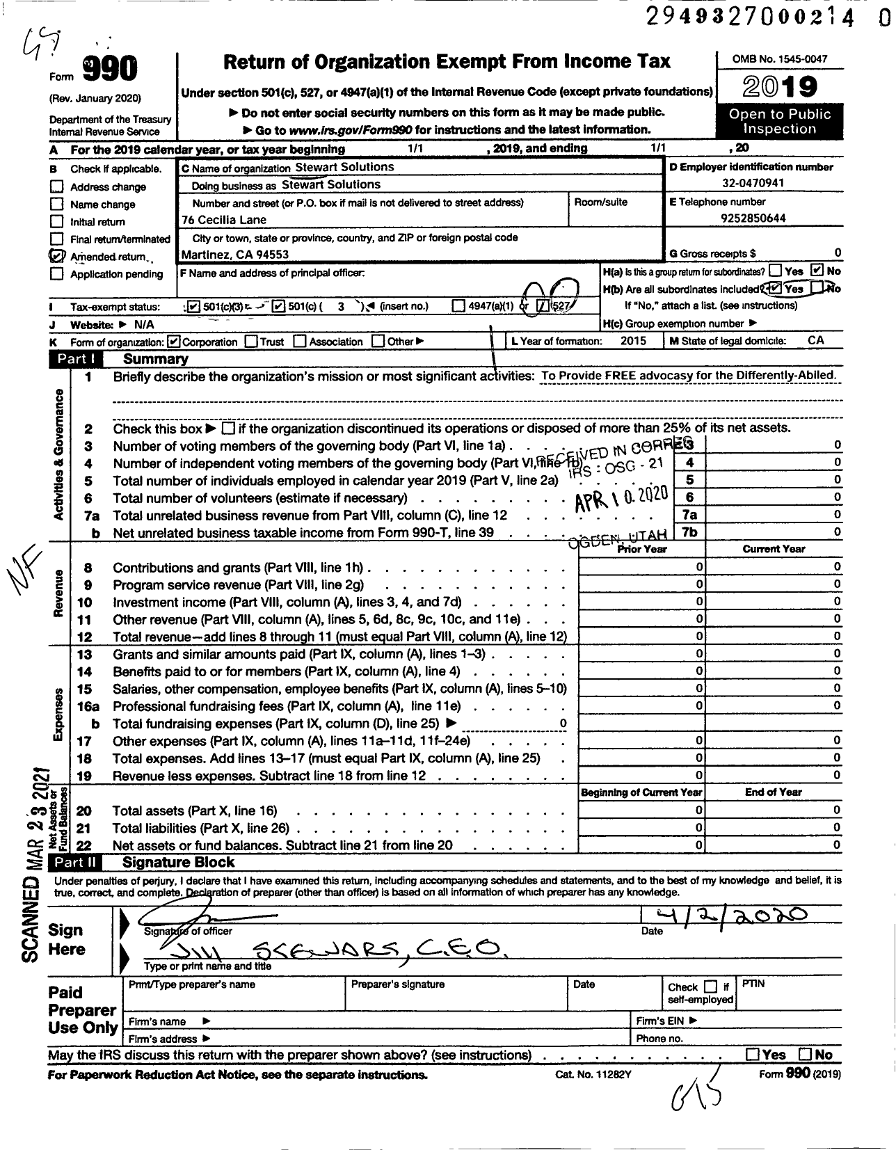 Image of first page of 2019 Form 990O for Stewart Solutions