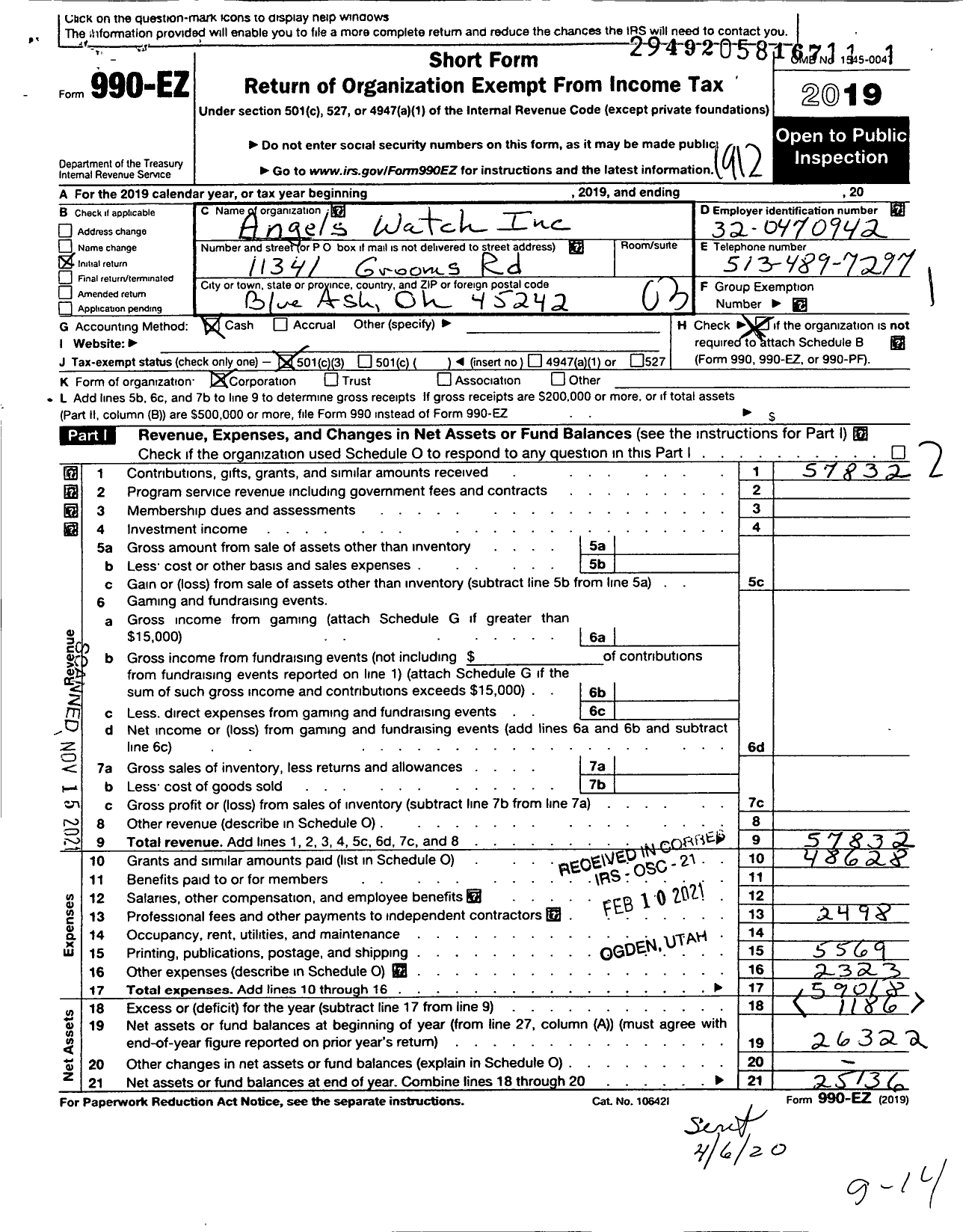 Image of first page of 2019 Form 990EZ for Angels Watch