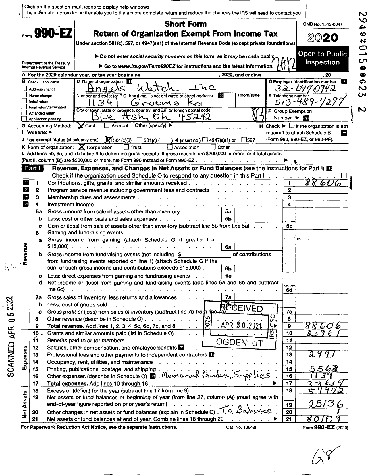 Image of first page of 2020 Form 990EZ for Angels Watch