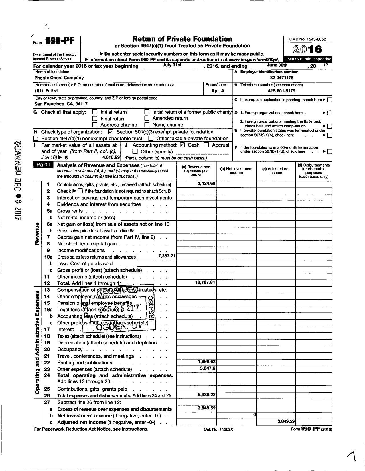 Image of first page of 2016 Form 990PF for Phenix Opera Company