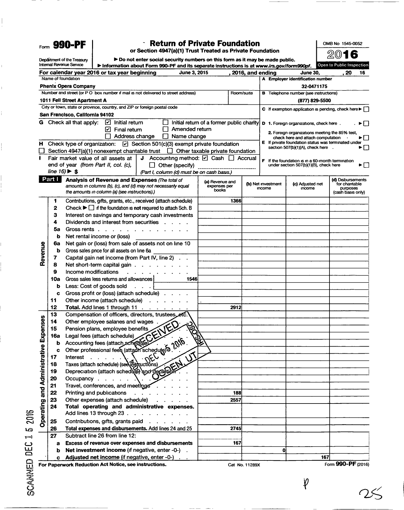 Image of first page of 2015 Form 990PF for Phenix Opera Company