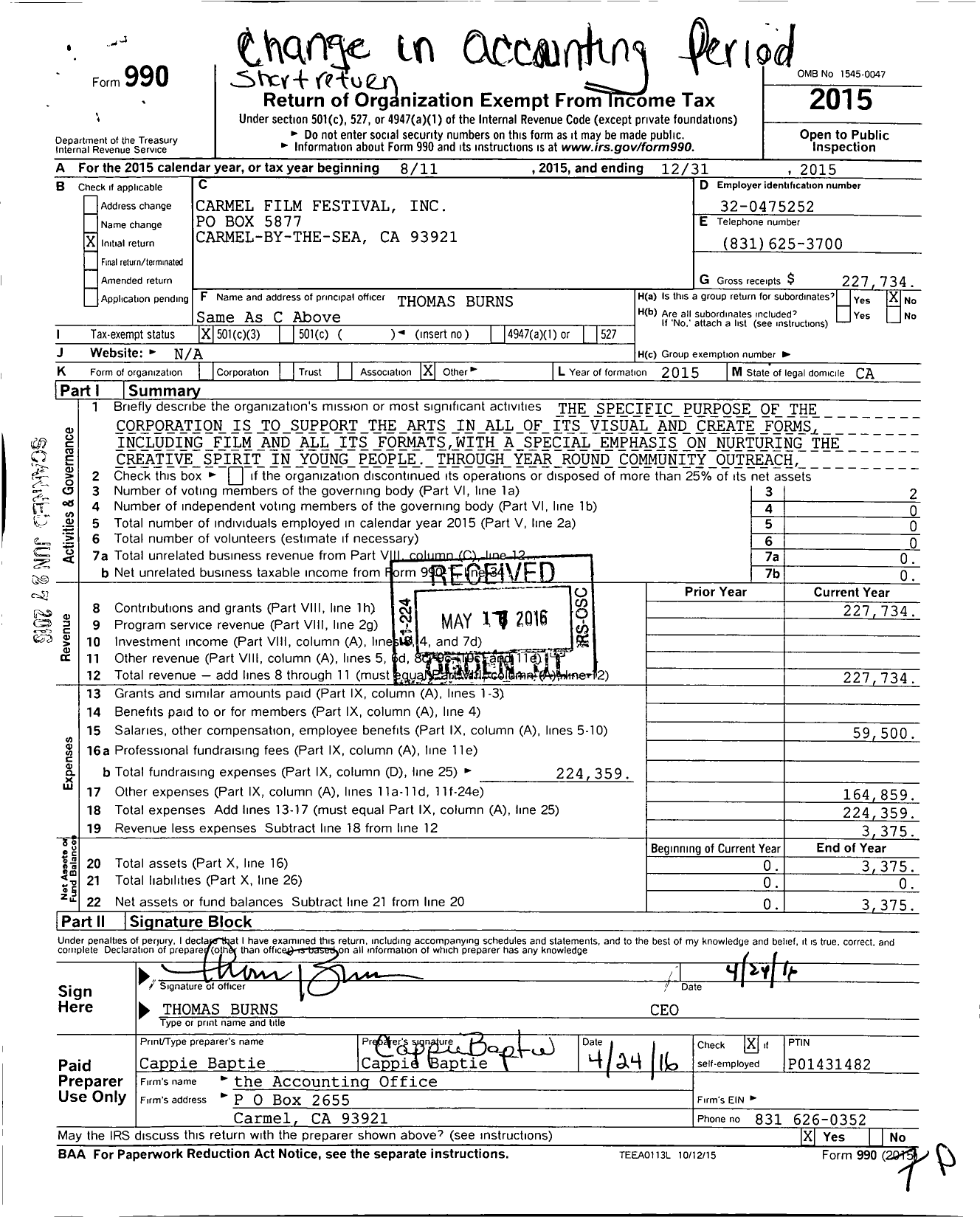 Image of first page of 2015 Form 990 for Carmel Film Festival