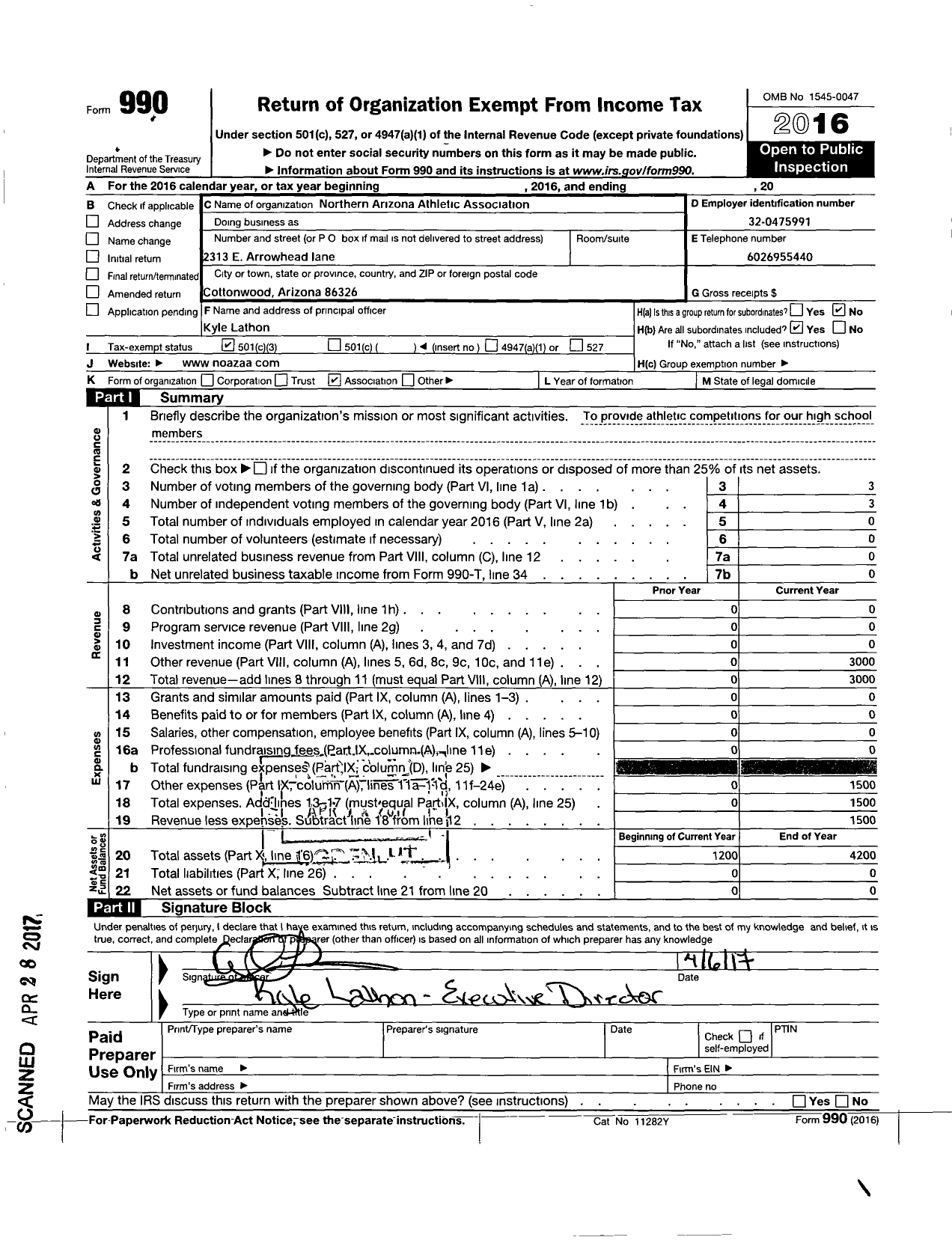 Image of first page of 2016 Form 990 for Northern Arizona Athletic Association