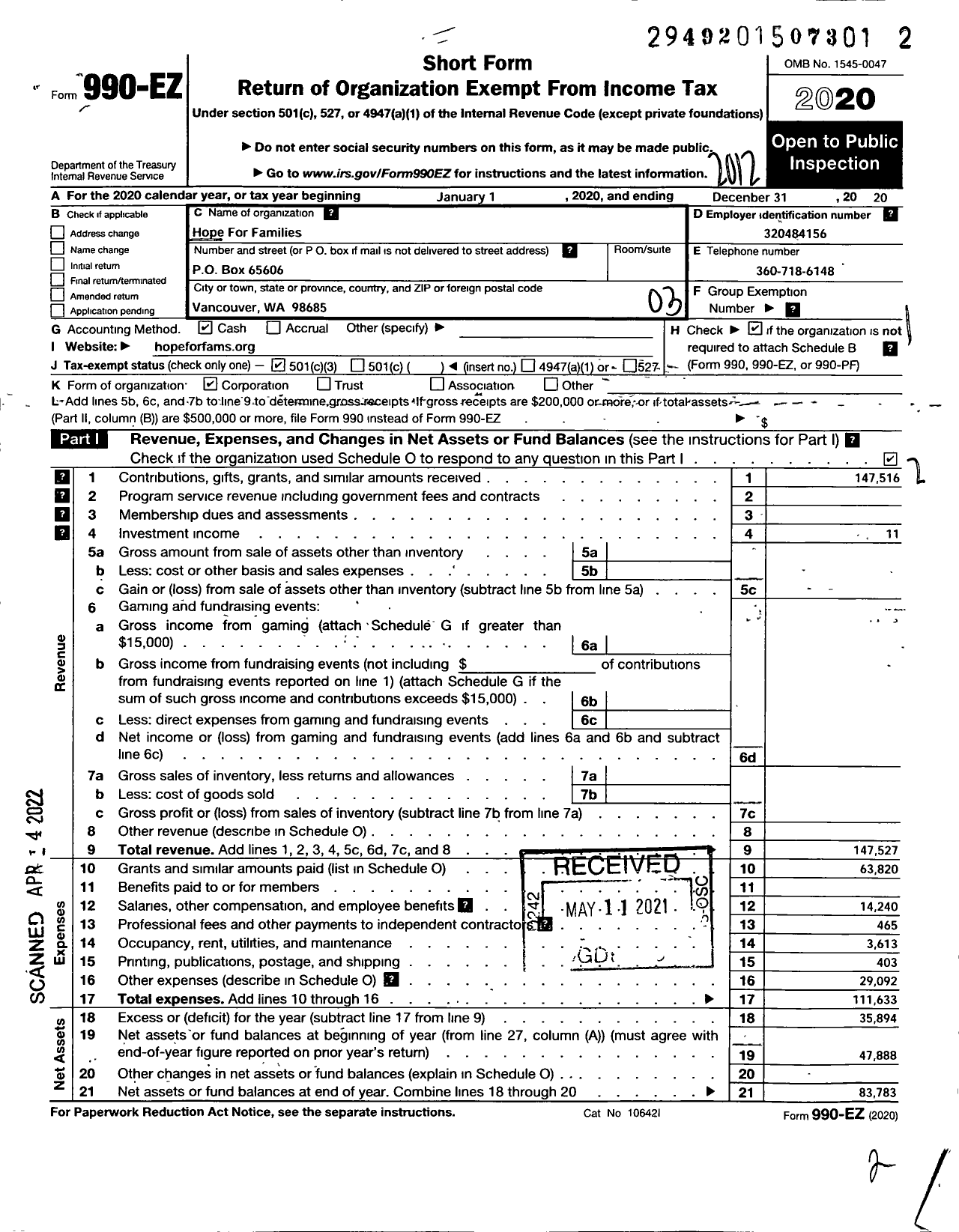 Image of first page of 2020 Form 990EZ for Hope for Families