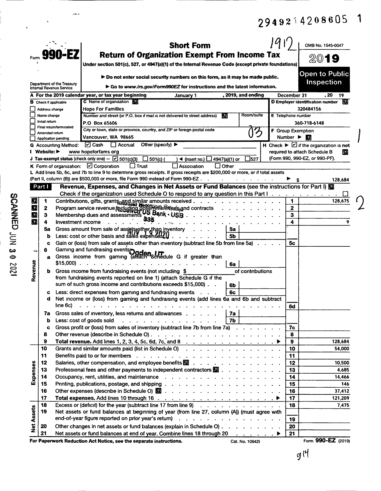 Image of first page of 2019 Form 990EZ for Hope for Families