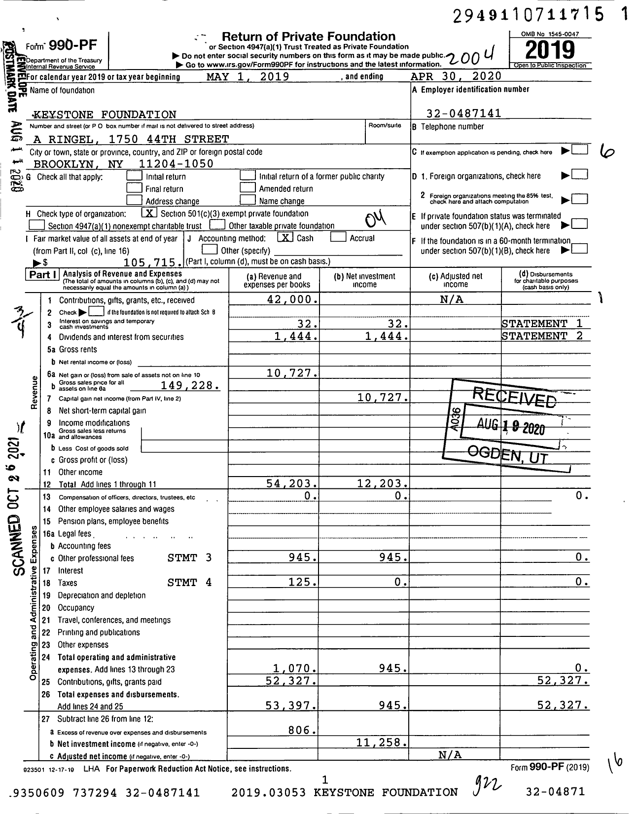 Image of first page of 2019 Form 990PF for Keystone Foundation