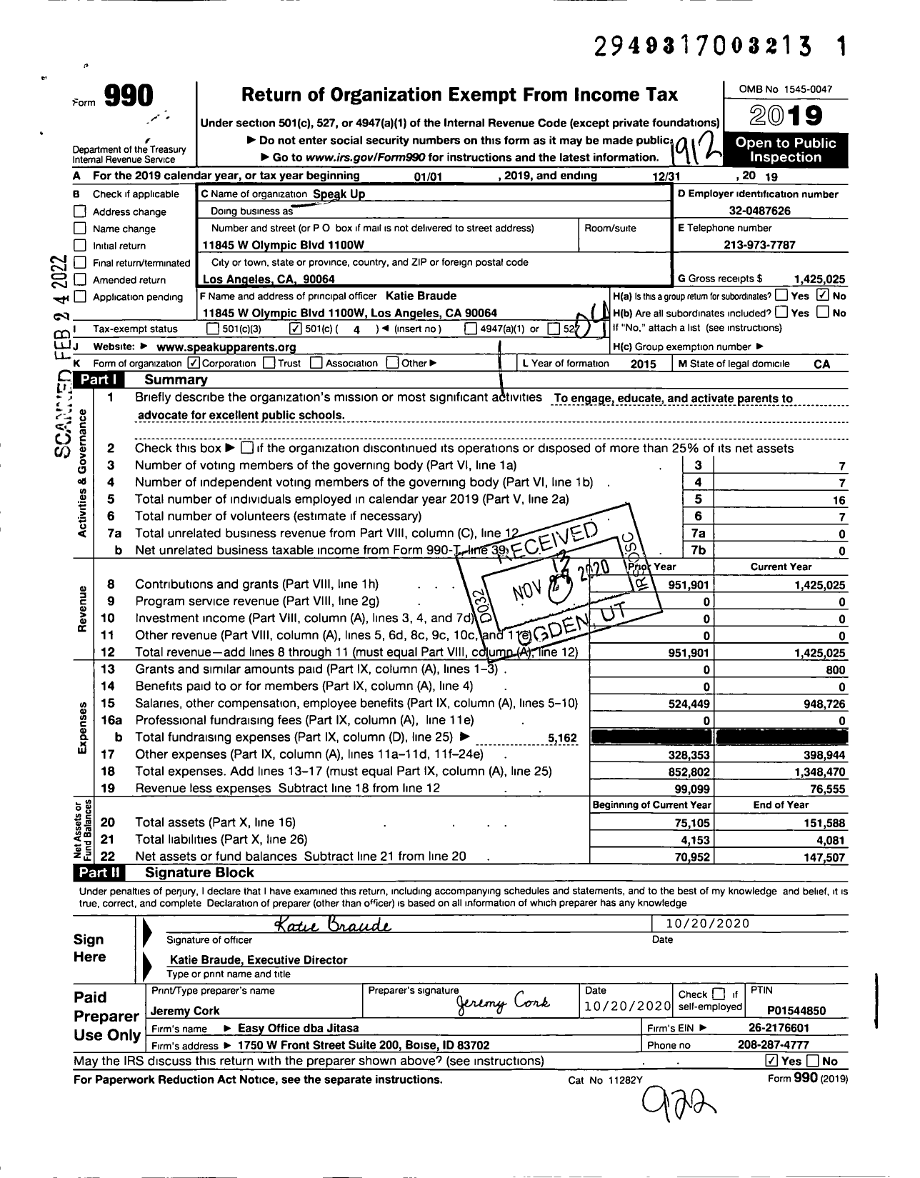 Image of first page of 2019 Form 990O for Speak Up