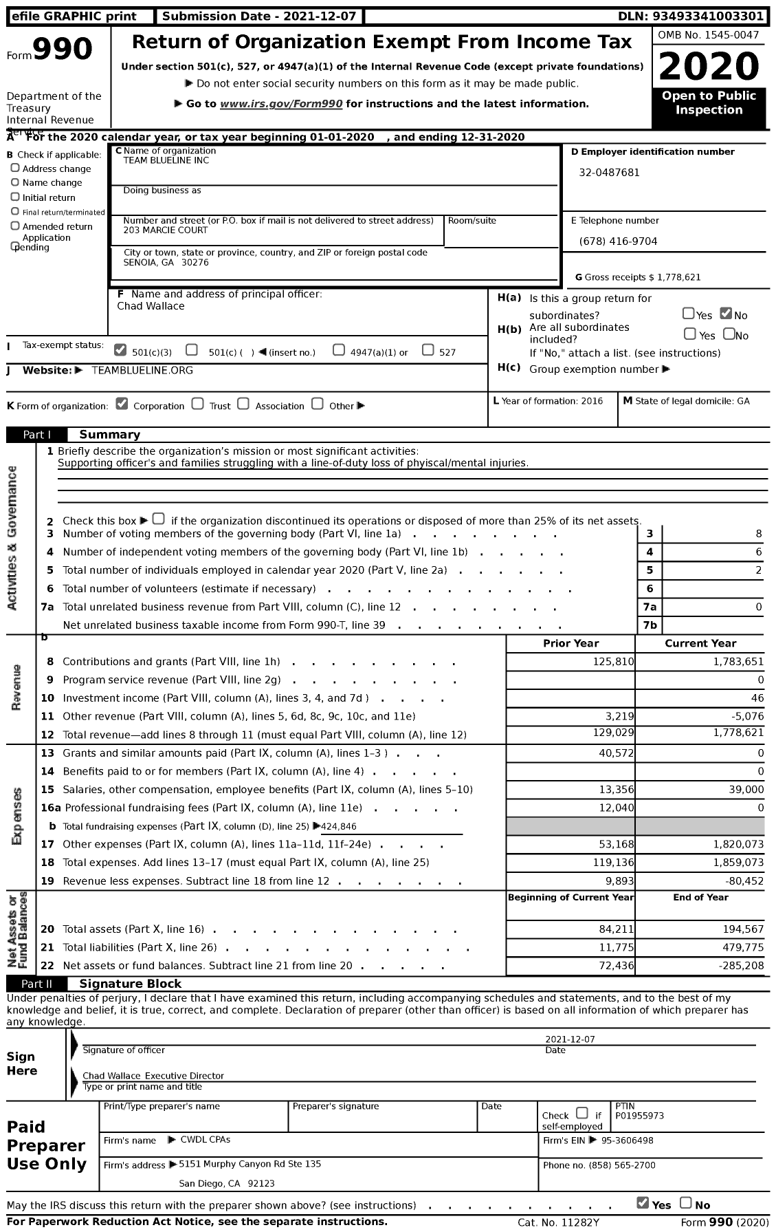 Image of first page of 2020 Form 990 for Team BlueLine