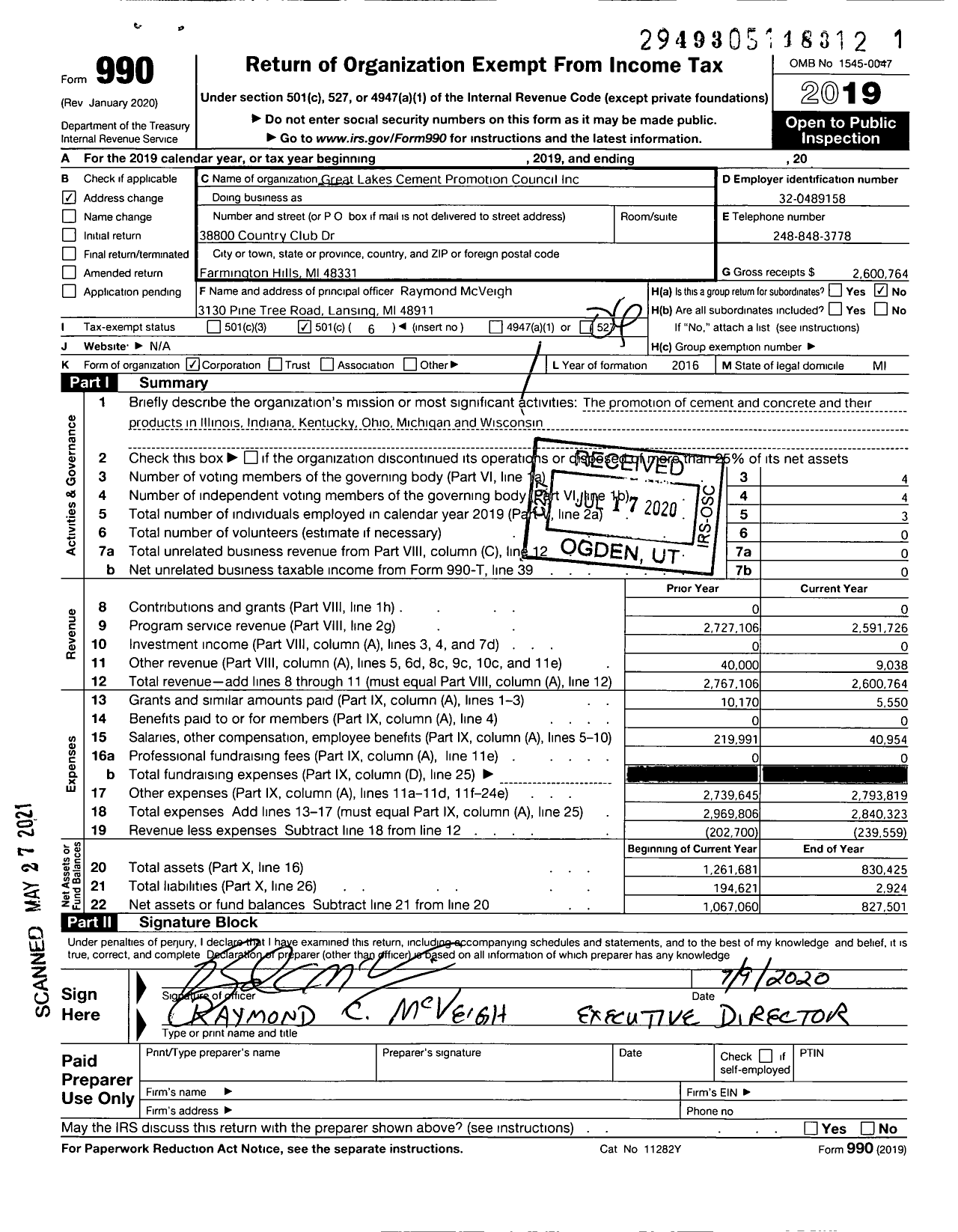 Image of first page of 2019 Form 990O for Great Lakes Cement Promotion Council