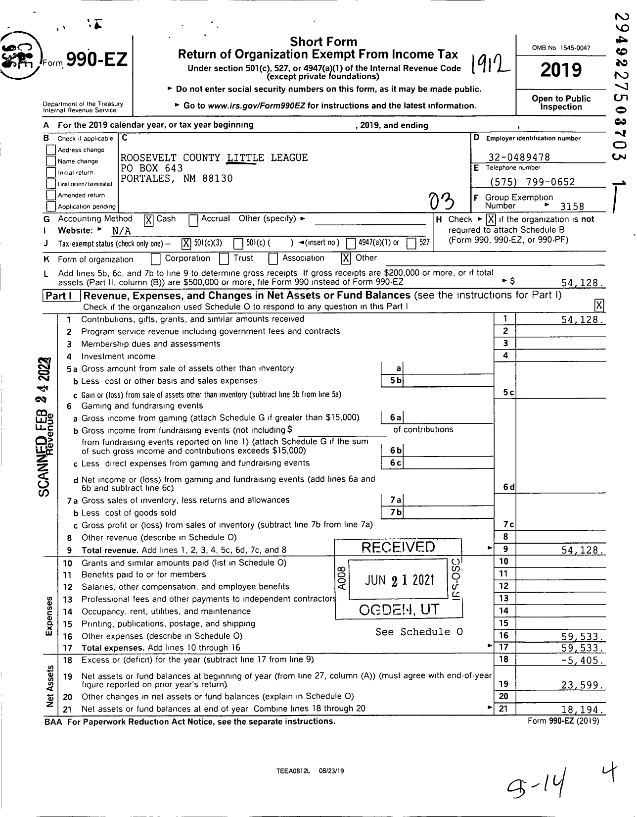 Image of first page of 2019 Form 990EZ for Little League Baseball - 4310308 Roosevelt County LL