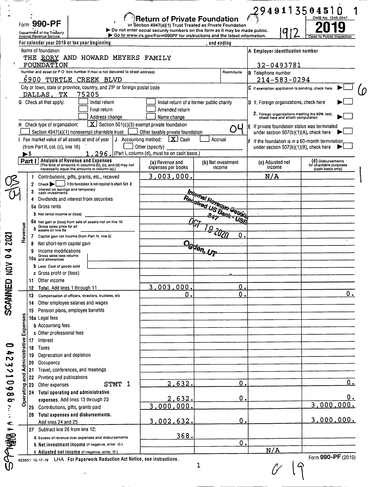 Image of first page of 2019 Form 990PF for The Rory and Howard Meyers Family Foundation