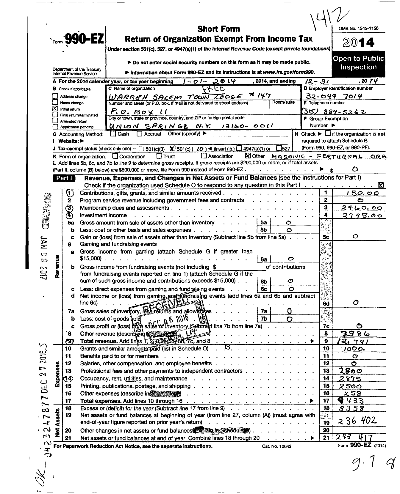 Image of first page of 2014 Form 990EO for Free and Accepted Masons of New York - 147 Warren Salem Town Lodge