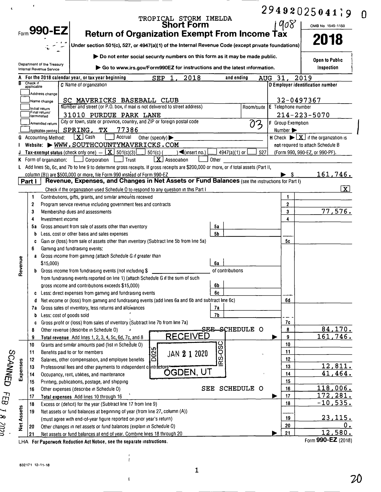 Image of first page of 2018 Form 990EZ for Amateur Athletic Union - SC Mavericks Baseball Club