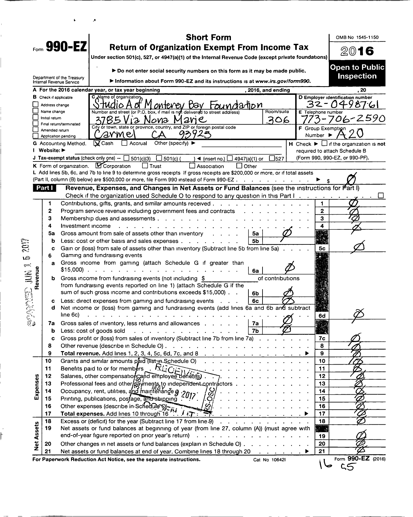 Image of first page of 2016 Form 990EO for Studio A of Monterey Bay foundation