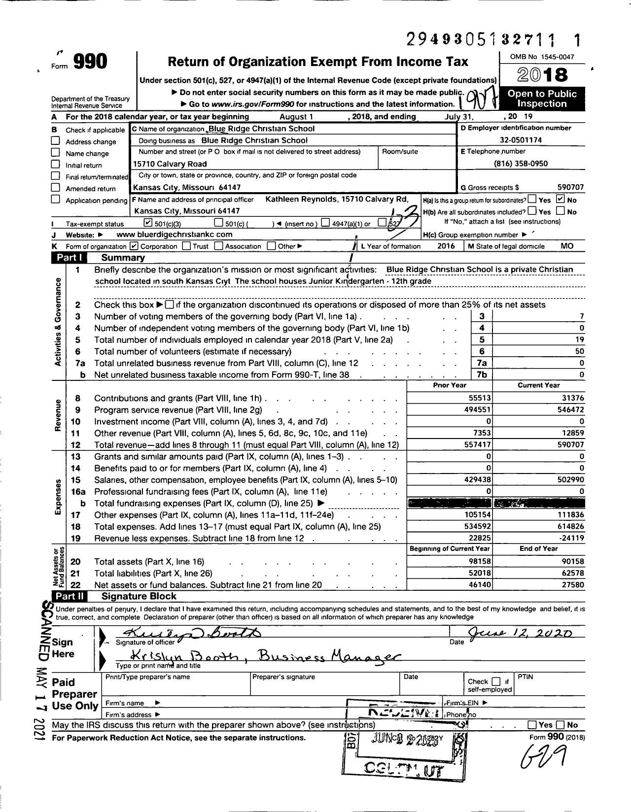 Image of first page of 2018 Form 990 for Blue Ridge Christian School