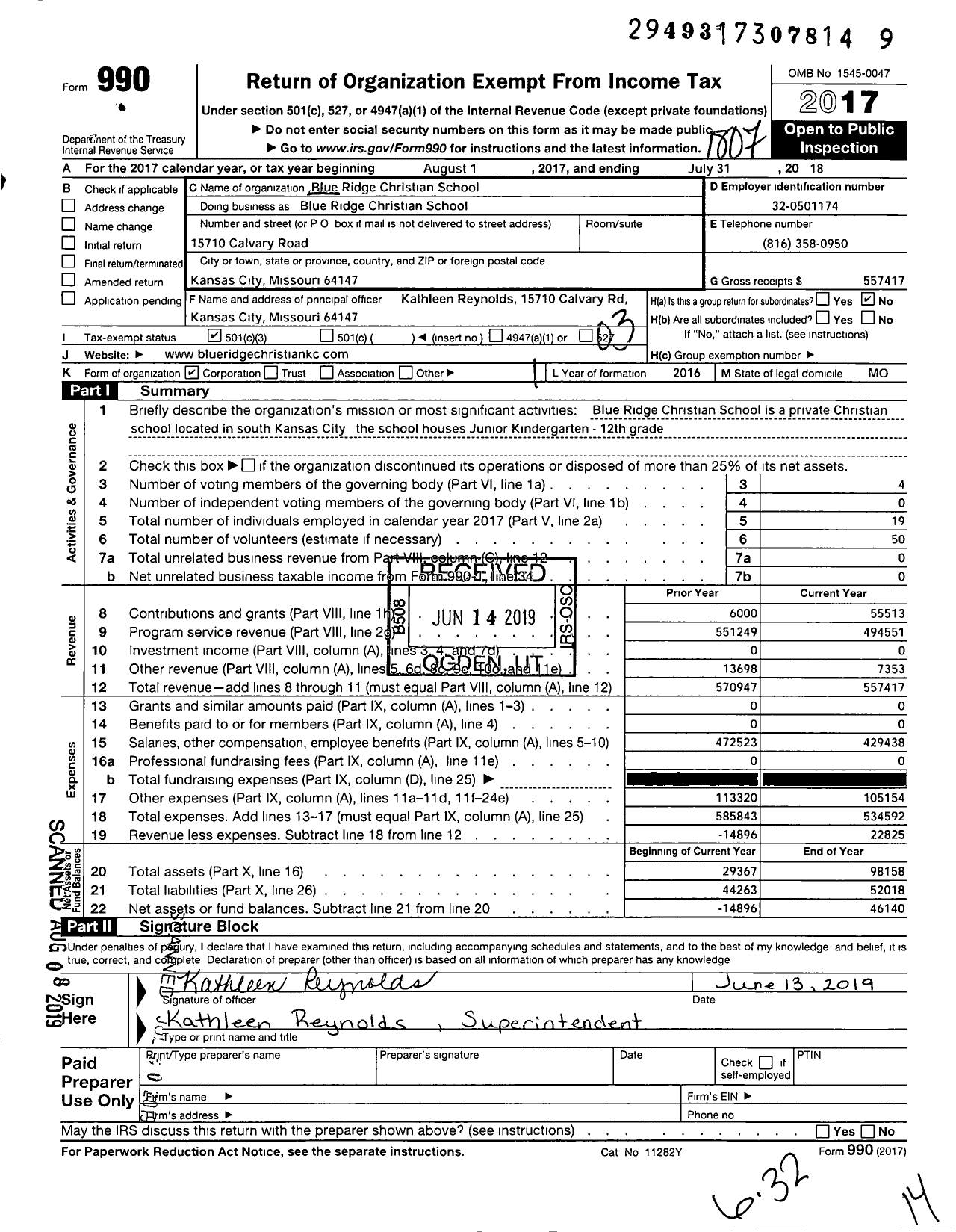 Image of first page of 2017 Form 990 for Blue Ridge Christian School