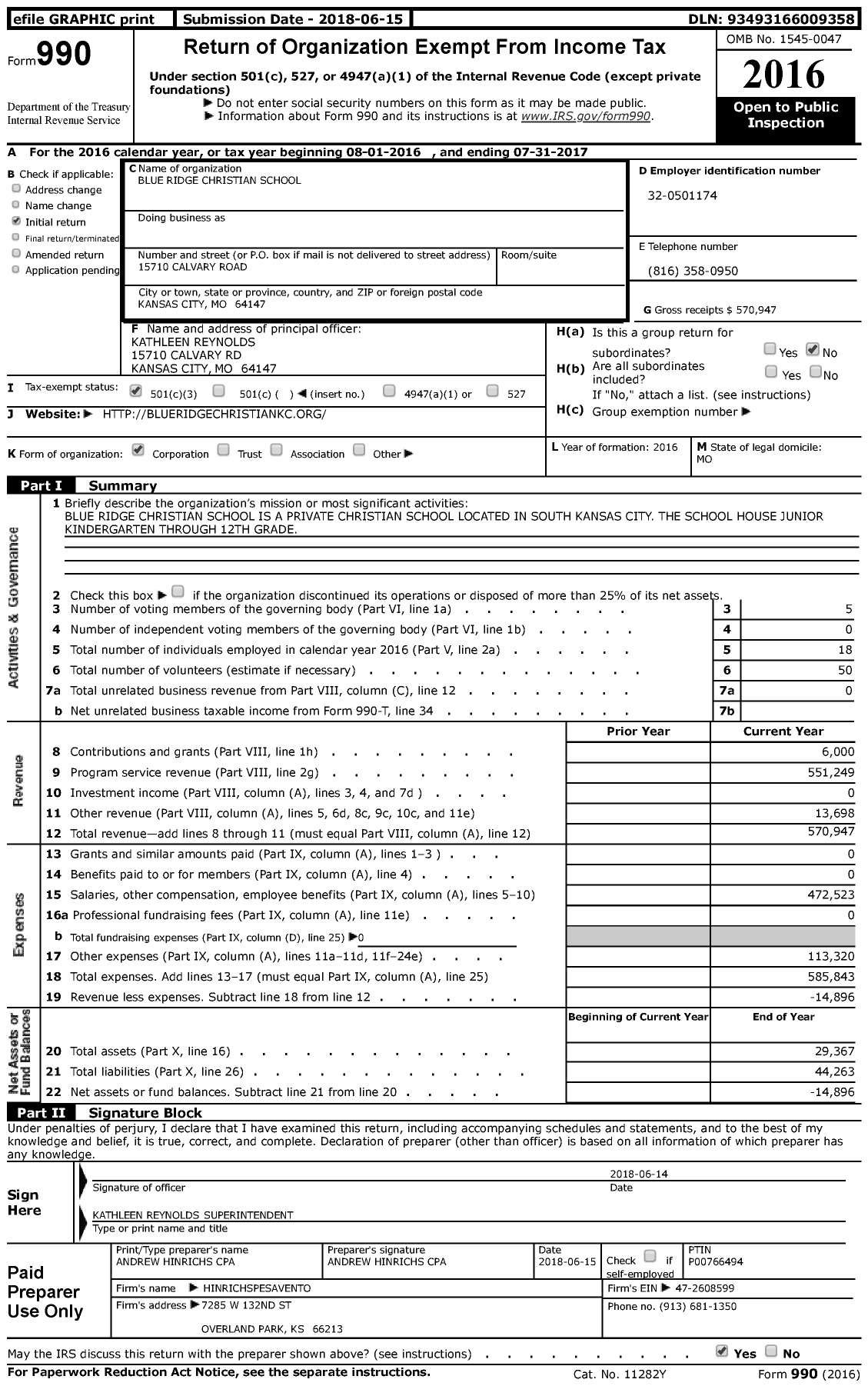 Image of first page of 2016 Form 990 for Blue Ridge Christian School