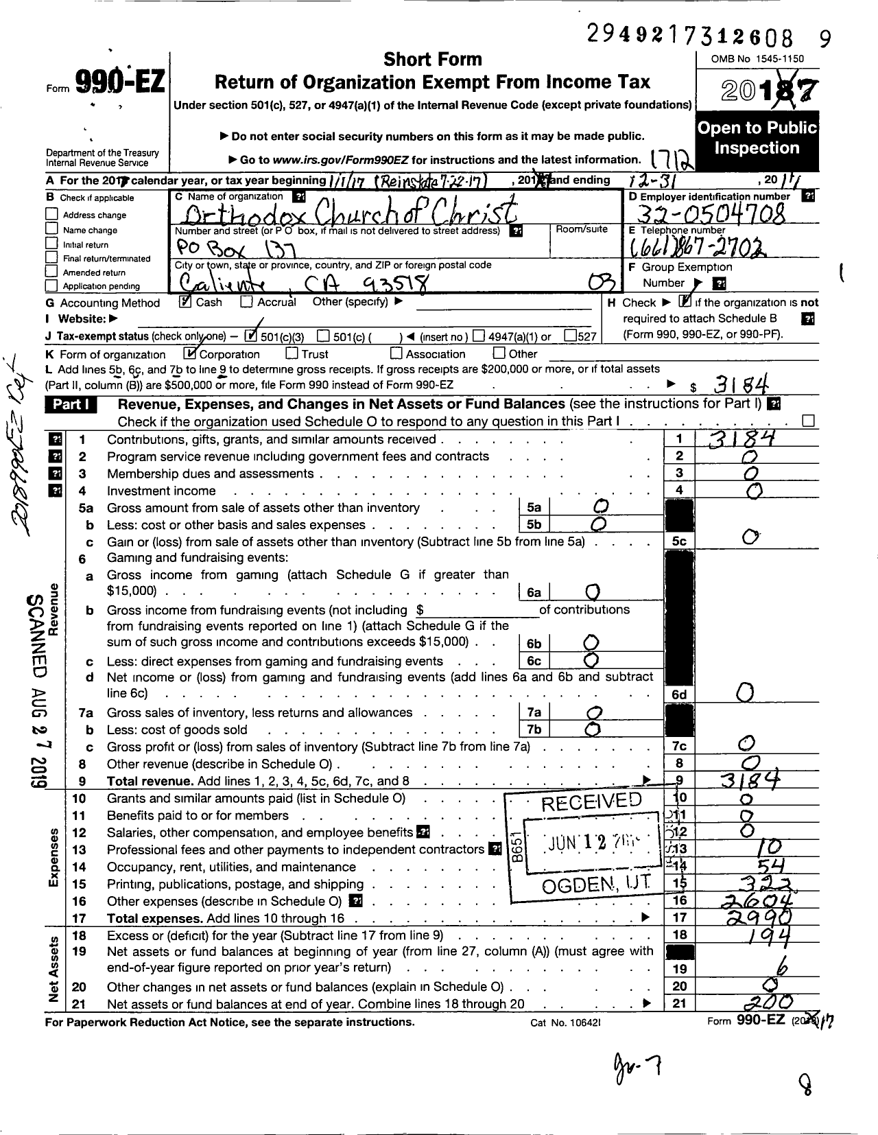 Image of first page of 2017 Form 990EZ for Orthodox Church of Christ