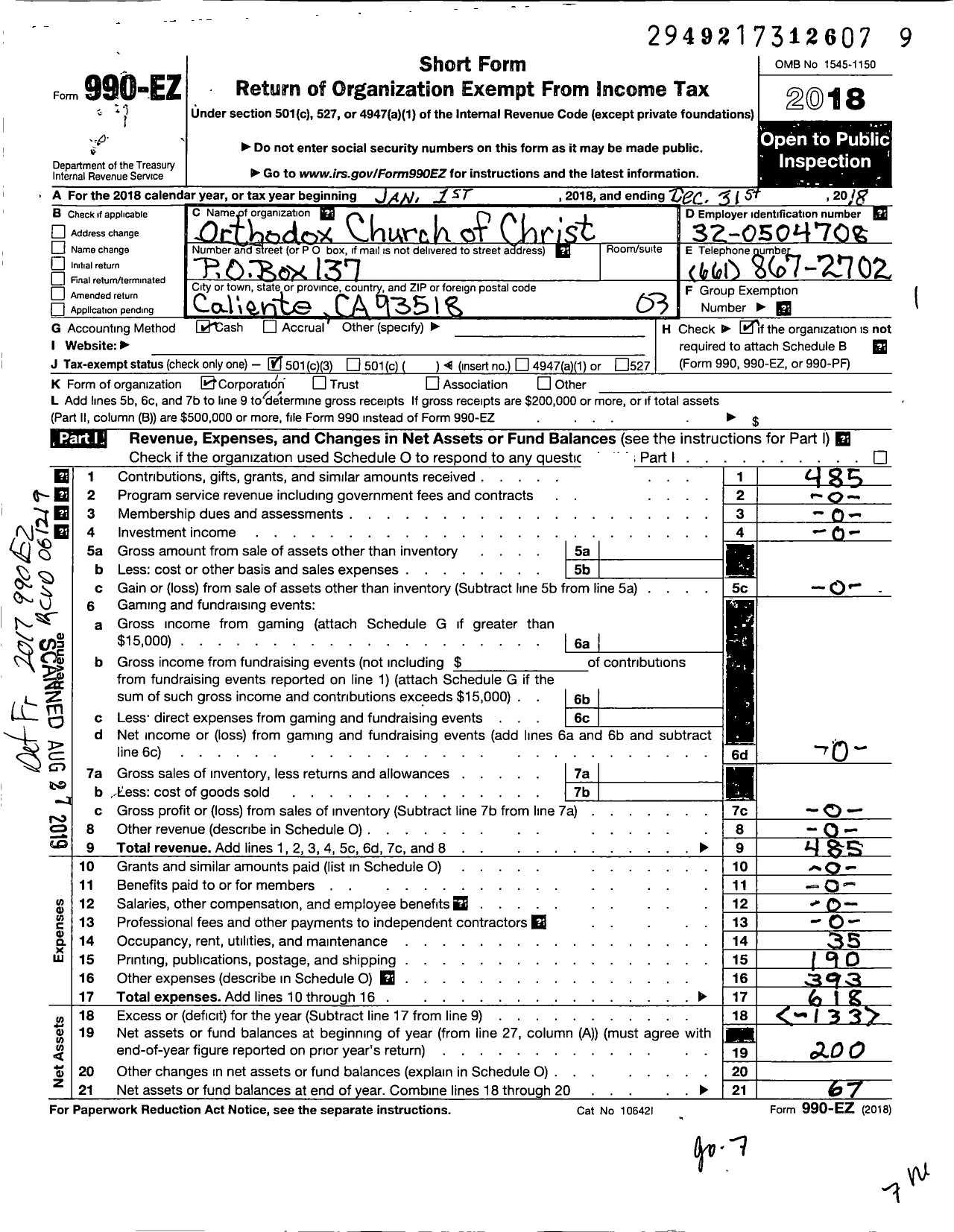 Image of first page of 2018 Form 990EZ for Orthodox Church of Christ