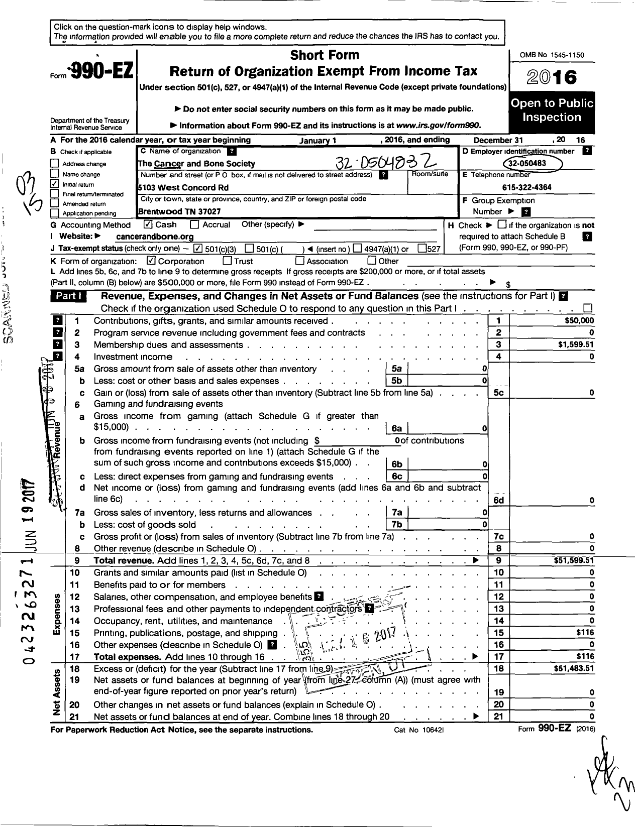 Image of first page of 2016 Form 990EZ for Cancer and Bone Society