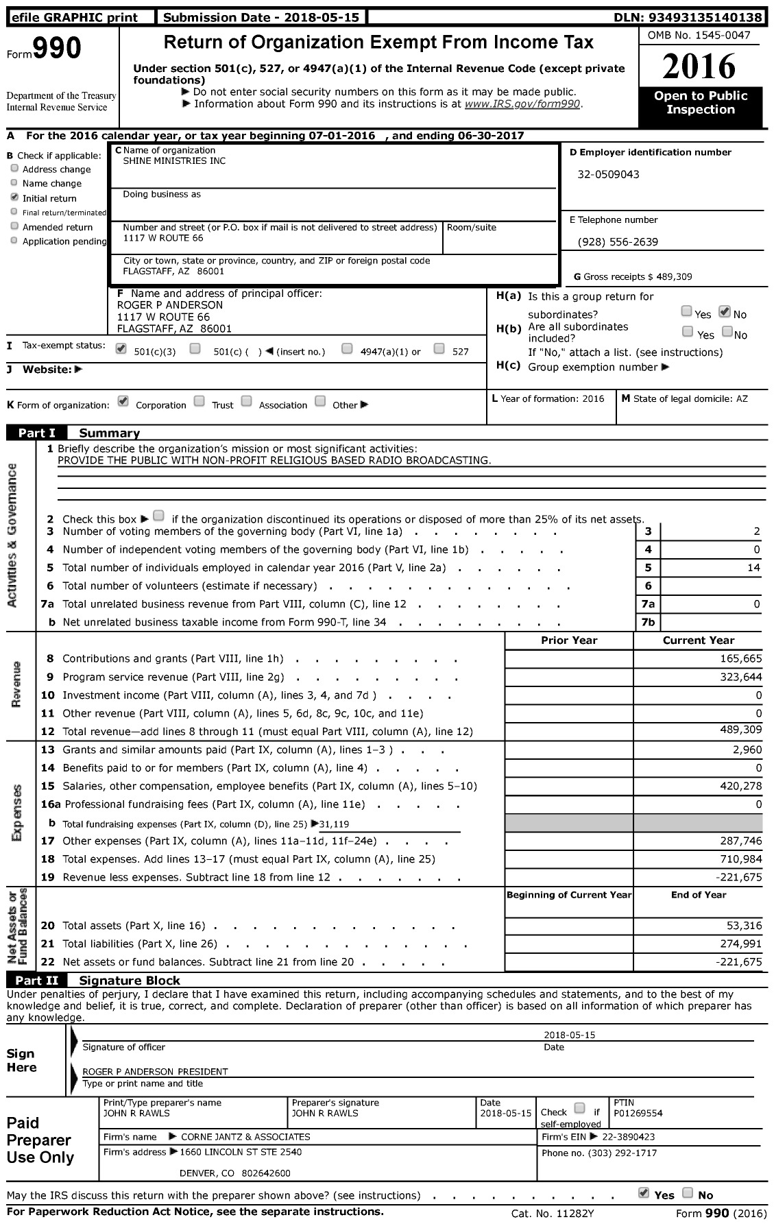 Image of first page of 2016 Form 990 for Shine Ministries