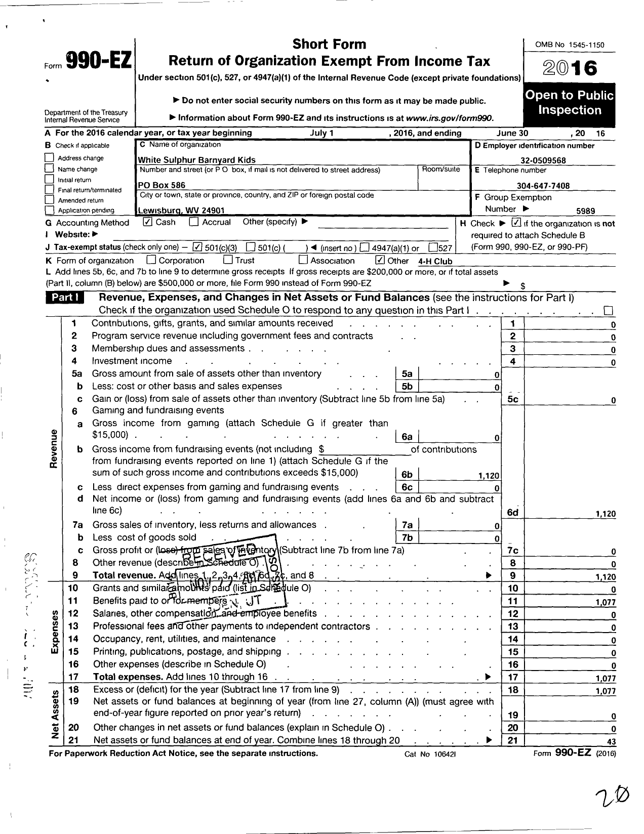 Image of first page of 2015 Form 990EZ for State of West Virginia West Virginia University / WSS Barnyard Kids