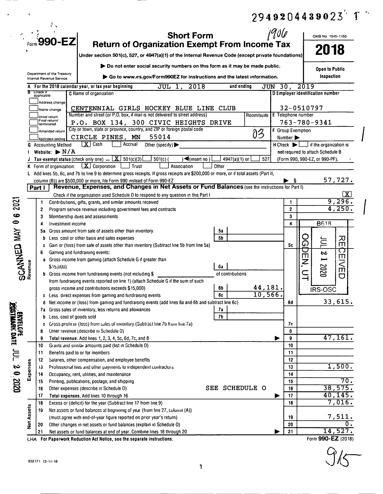 Image of first page of 2018 Form 990EZ for Centennial Girls Hockey Blue Line Club